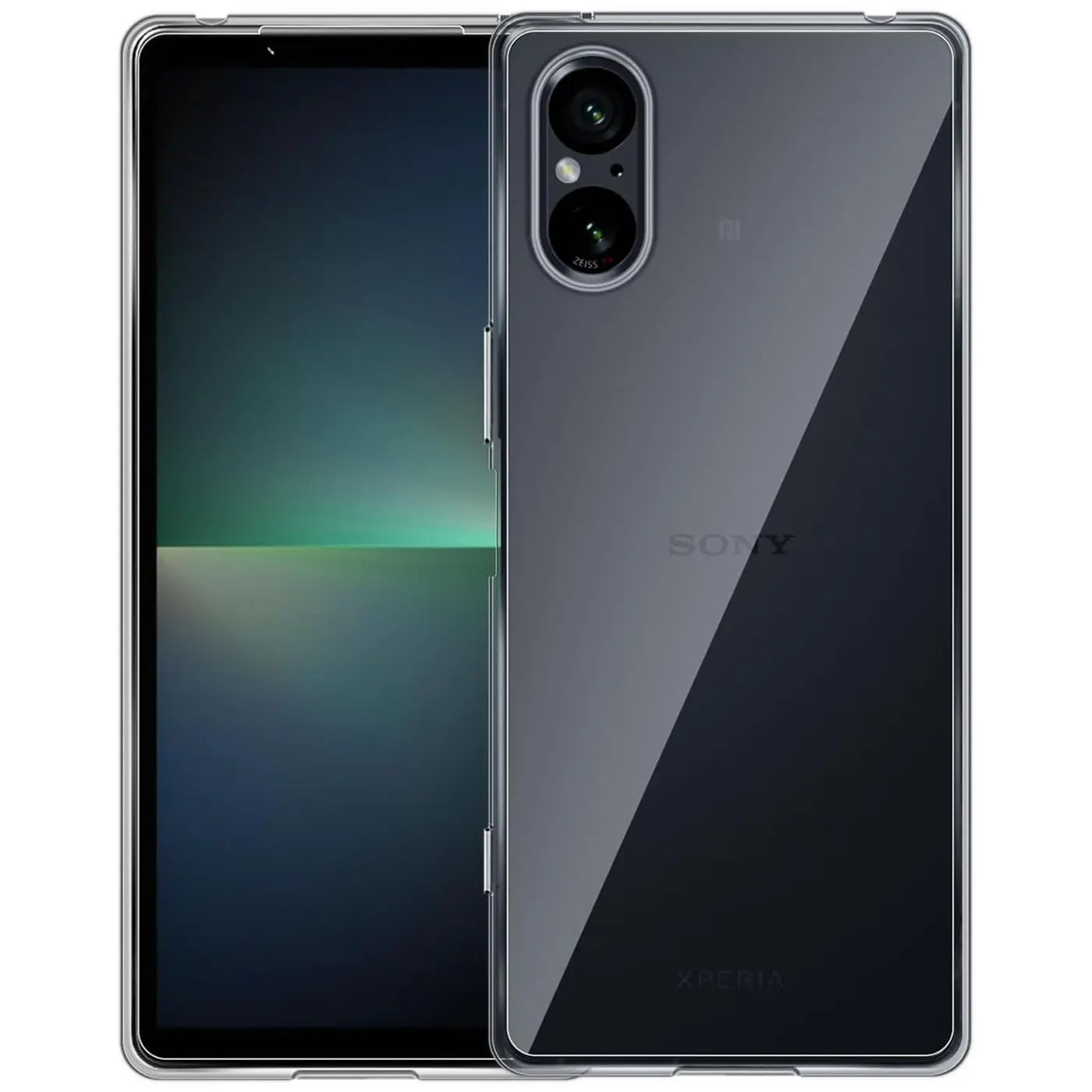 Klar transparente Handyhülle aus Kunststoff, von hinten/oben, auf Sony Xperia 5 V.