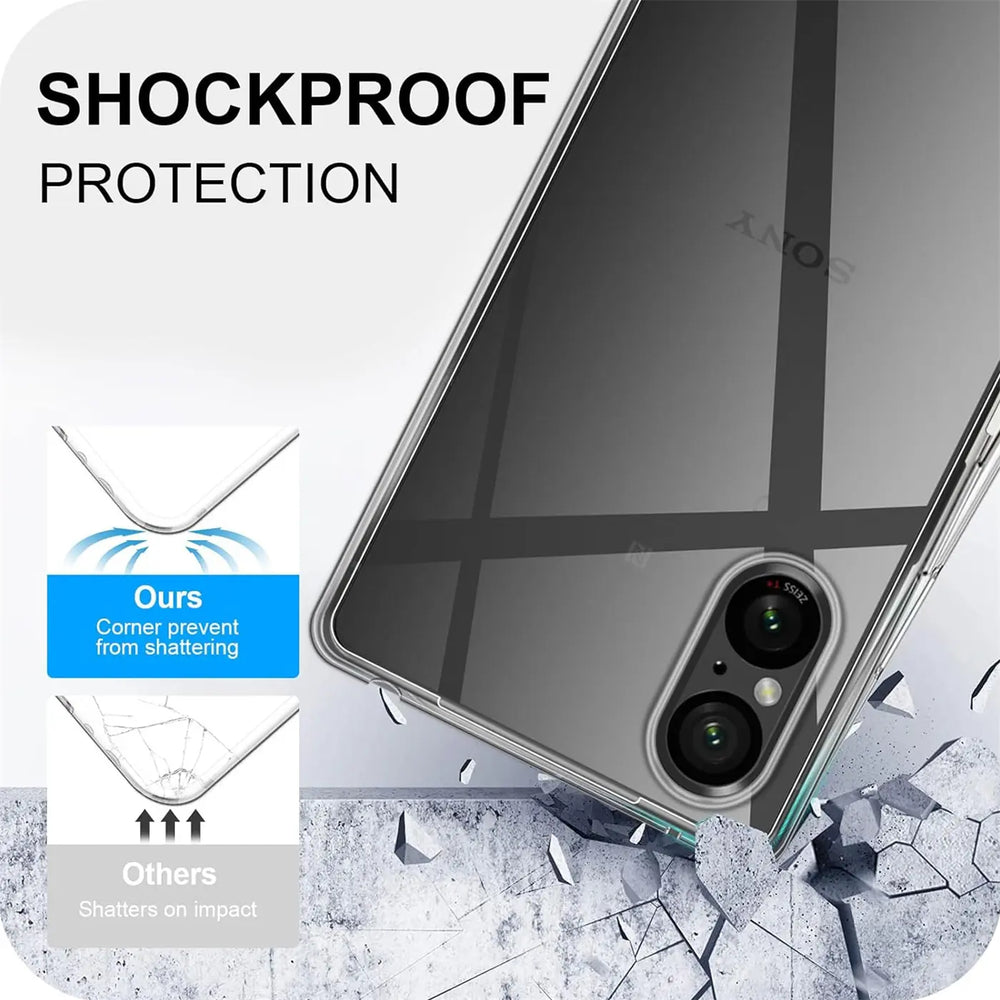 Klares, schlankes Handycase aus Kunststoff, das ein Sony-Smartphone schützt. Von oben.
