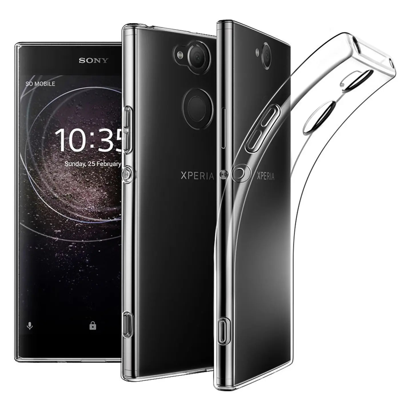 Klar, transparentes Slim Case aus Kunststoff, seitliche Ansicht, Sony Xperia L2.
