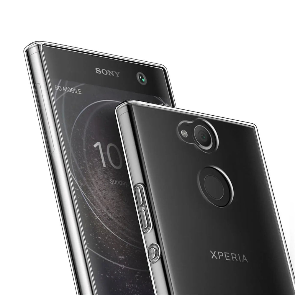 Sony Xperia L2 in klarem, dünnem Kunststoff-Case, Rückseite und Vorderseite sichtbar, von schräg oben.