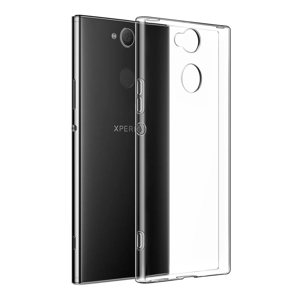Sony Xperia L2: schwarzes Handy und transparente Hülle aus Kunststoff, Seitenansicht.