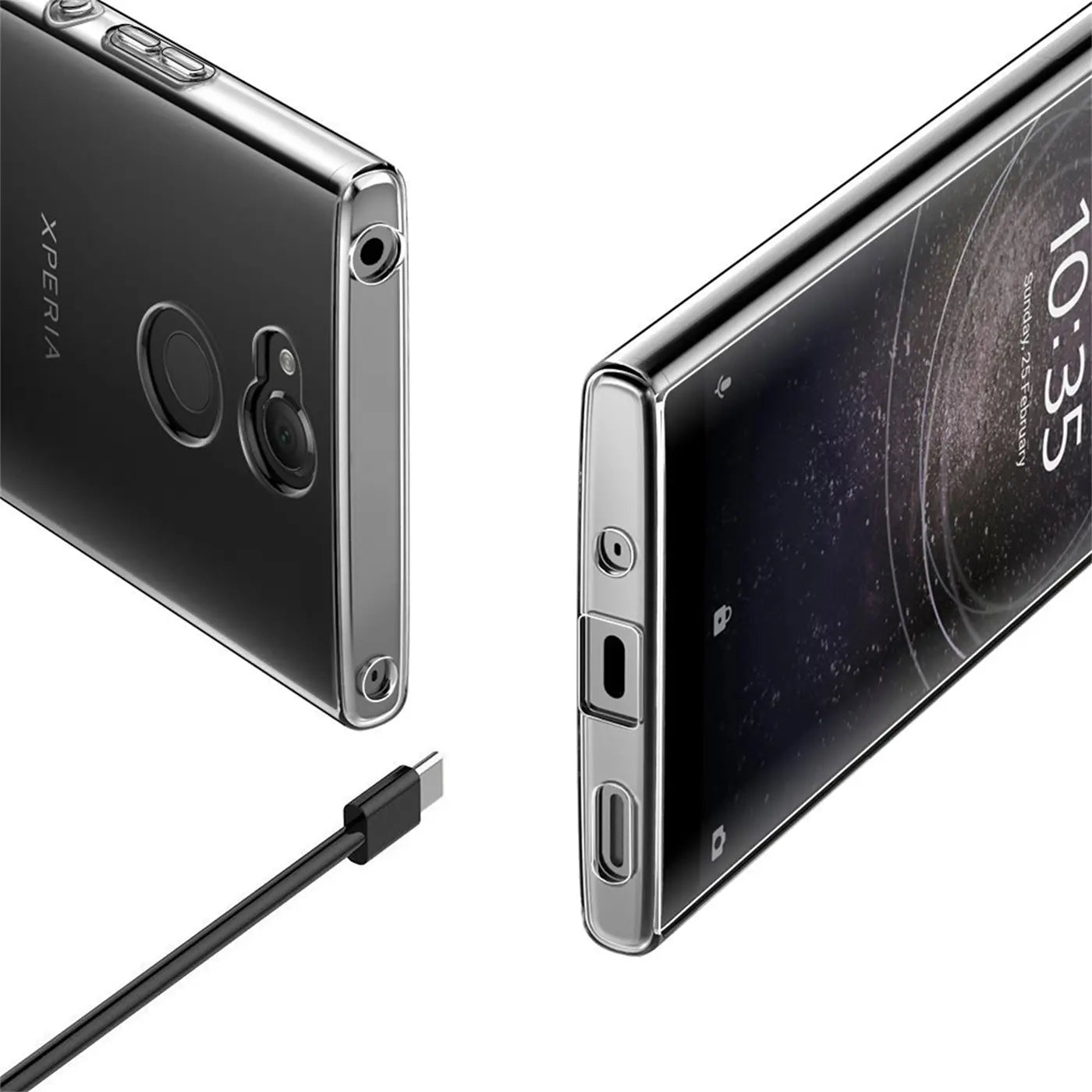 Sony Xperia L2 mit transparentem Hülle, USB-C Kabel, Nahaufnahme