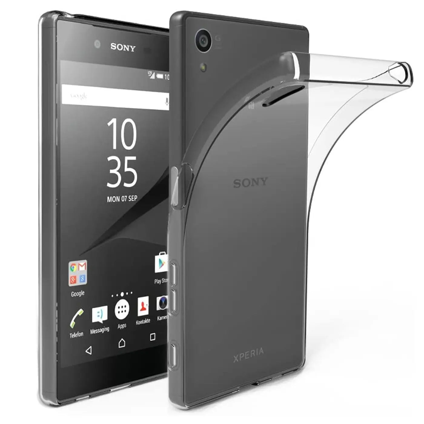 Sony Xperia M4 Aqua mit transparentem Slim Case, von schräg vorne