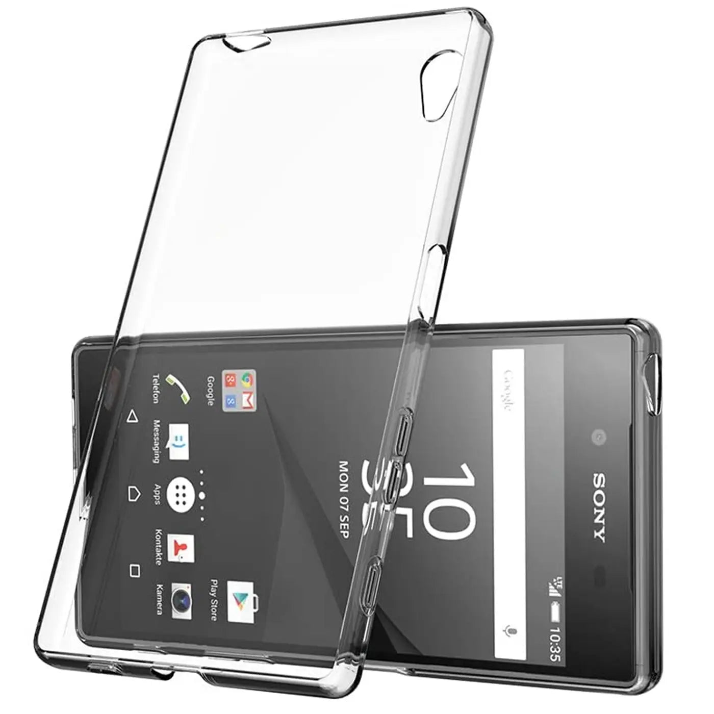 Klares Slim Case aus Kunststoff auf einem Sony Xperia M4 Aqua, von vorne schräg fotografiert.