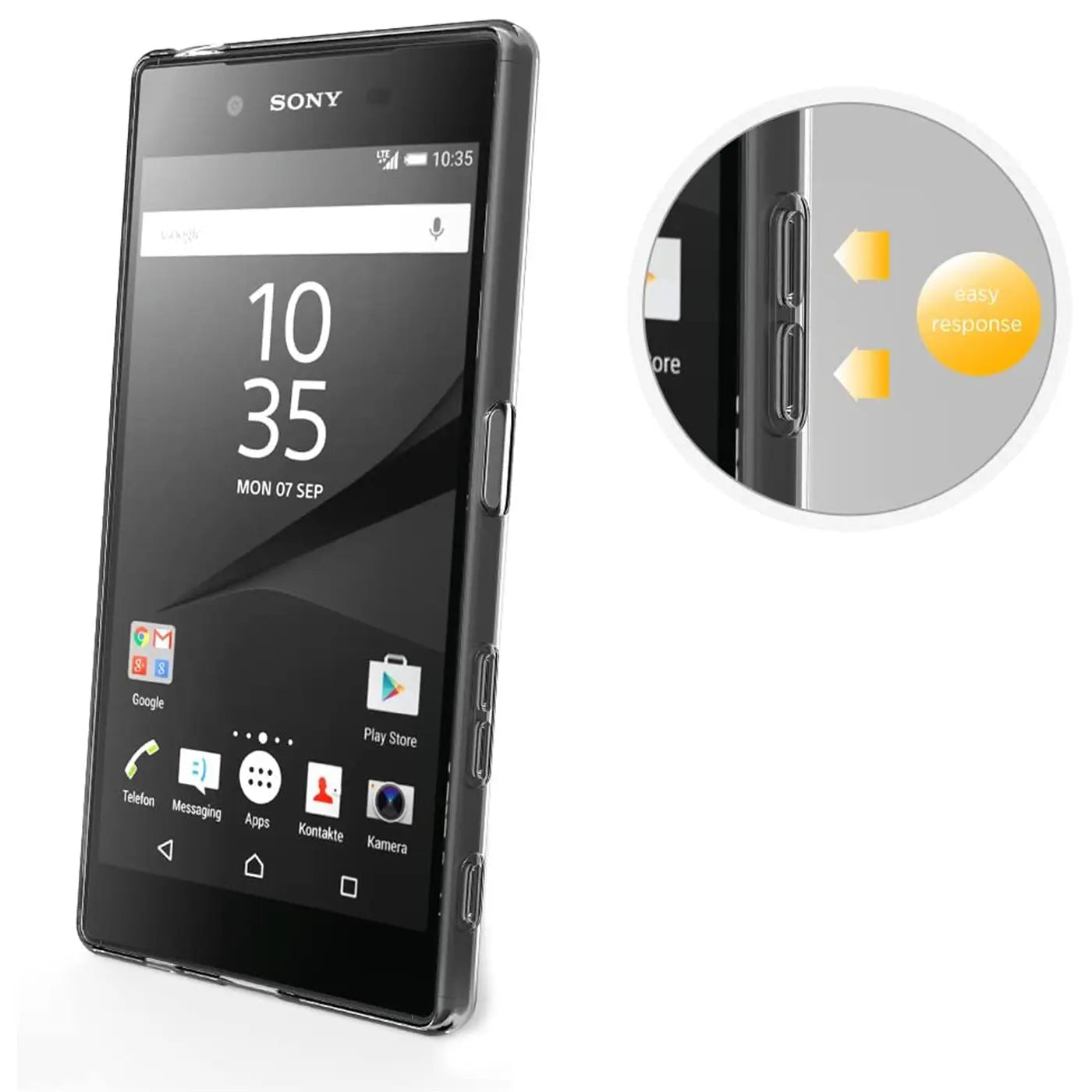 Sony Xperia M4 Aqua in klarem, dünnem Kunststoff-Case, Seitenansicht mit Lupe.
