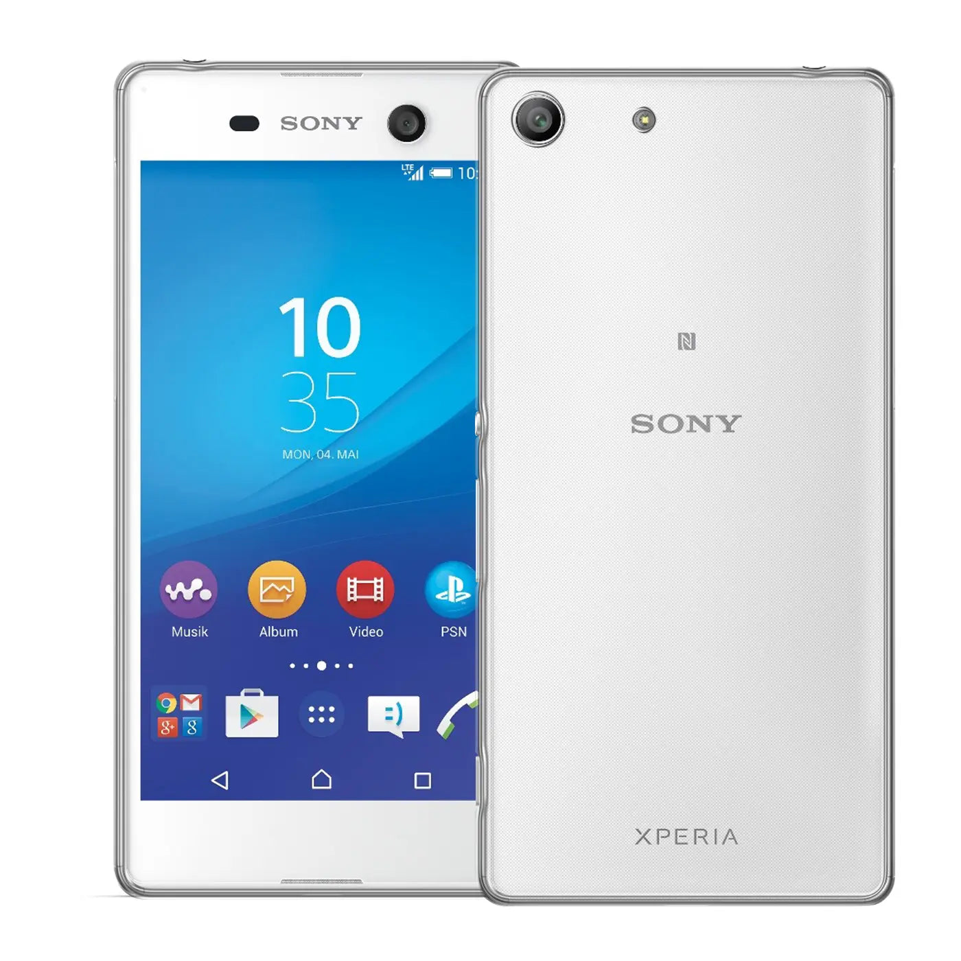 Weißes Sony Xperia M5 Smartphone, Vorder- und Rückseite, klare Hülle.