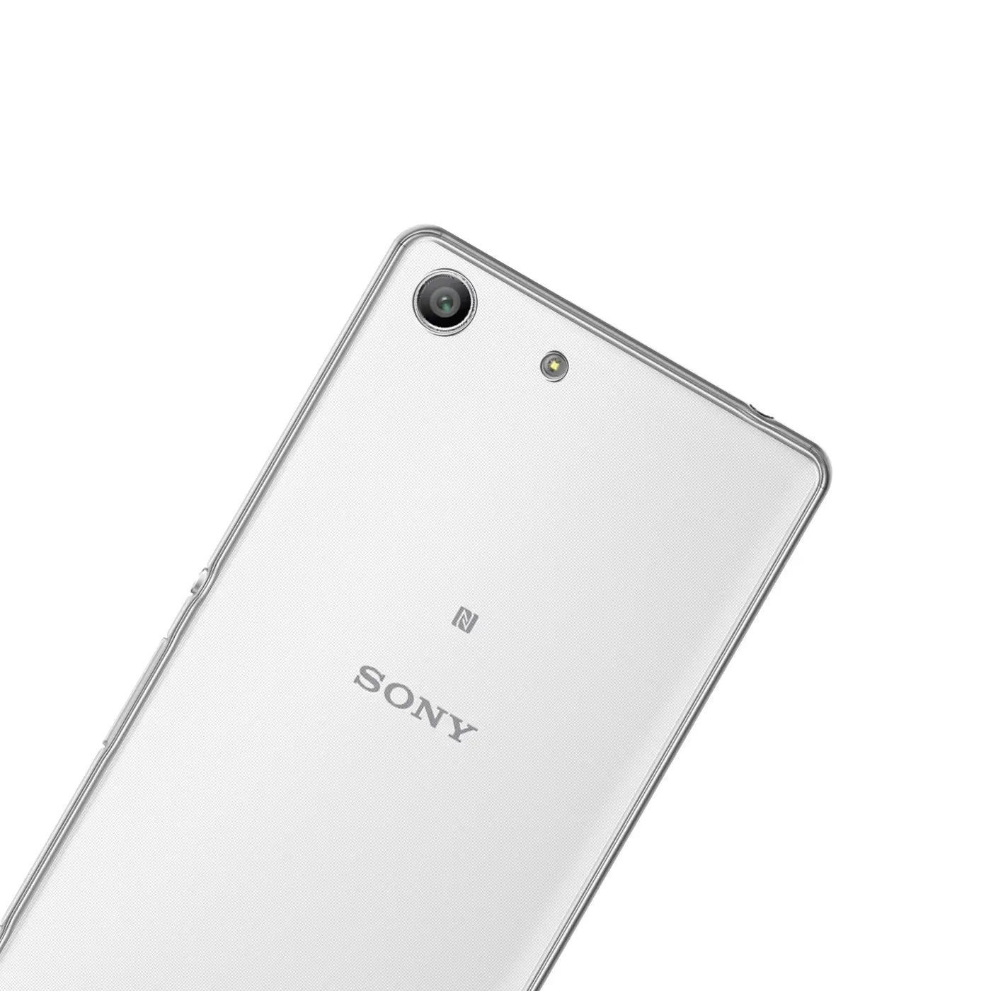 Sony Xperia M5, weiß, klare Hülle, Rückansicht, Nahaufnahme