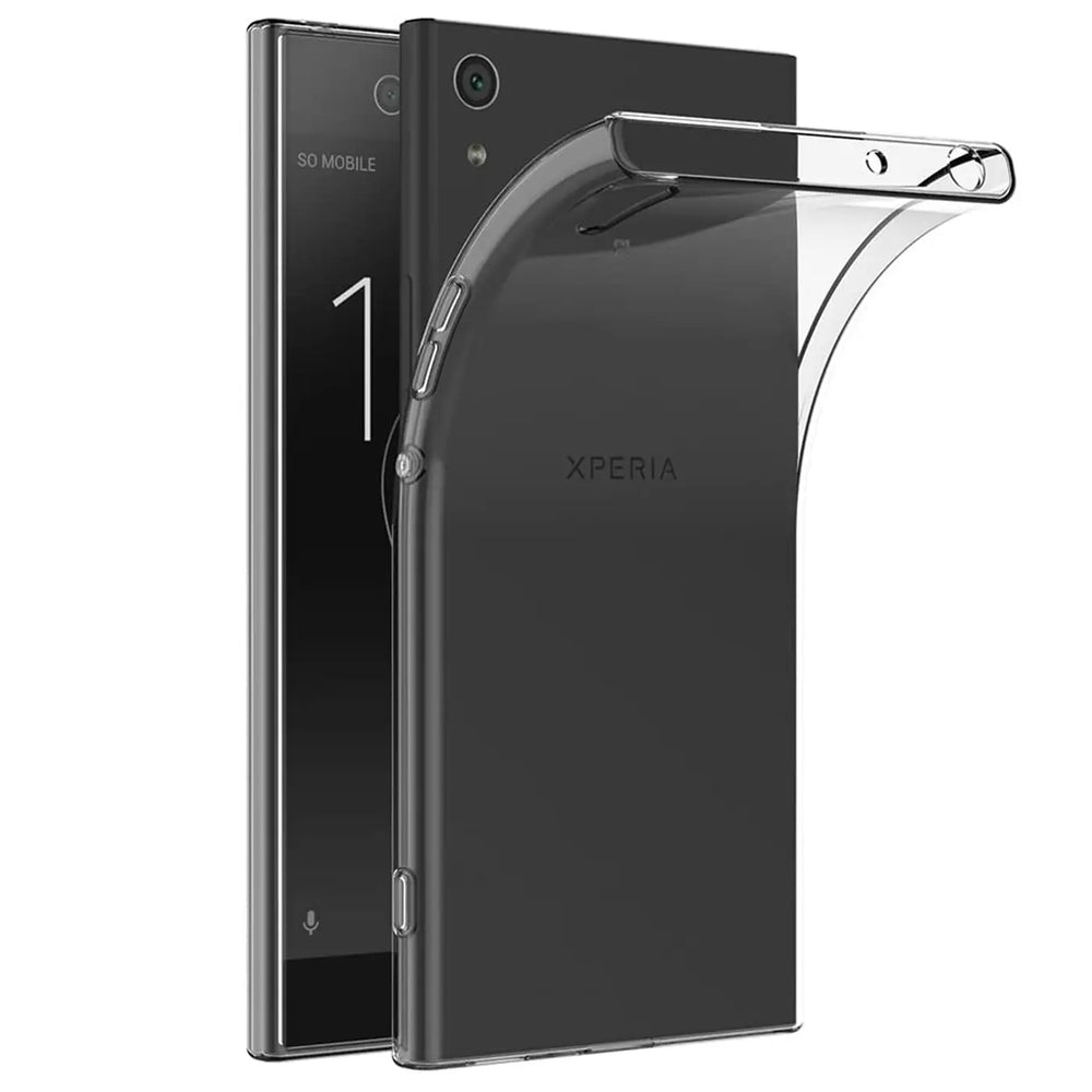 Klares, flexibles Handyhülle aus Silikon, auf einem schwarzen Sony Xperia XA1 Ultra, von schräg hinten.