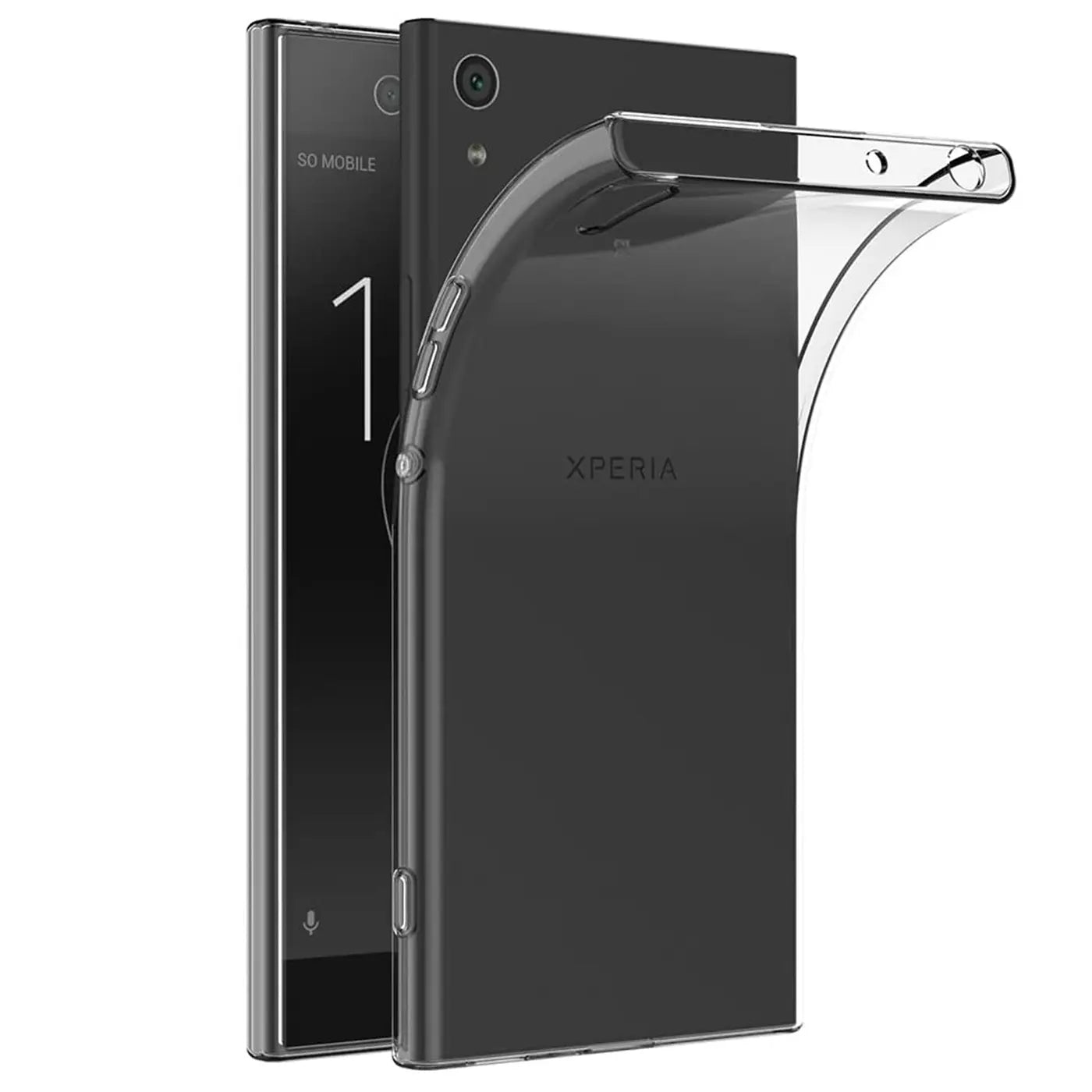 Klares, flexibles Handyhülle aus Silikon, auf einem schwarzen Sony Xperia XA1 Ultra, von schräg hinten.