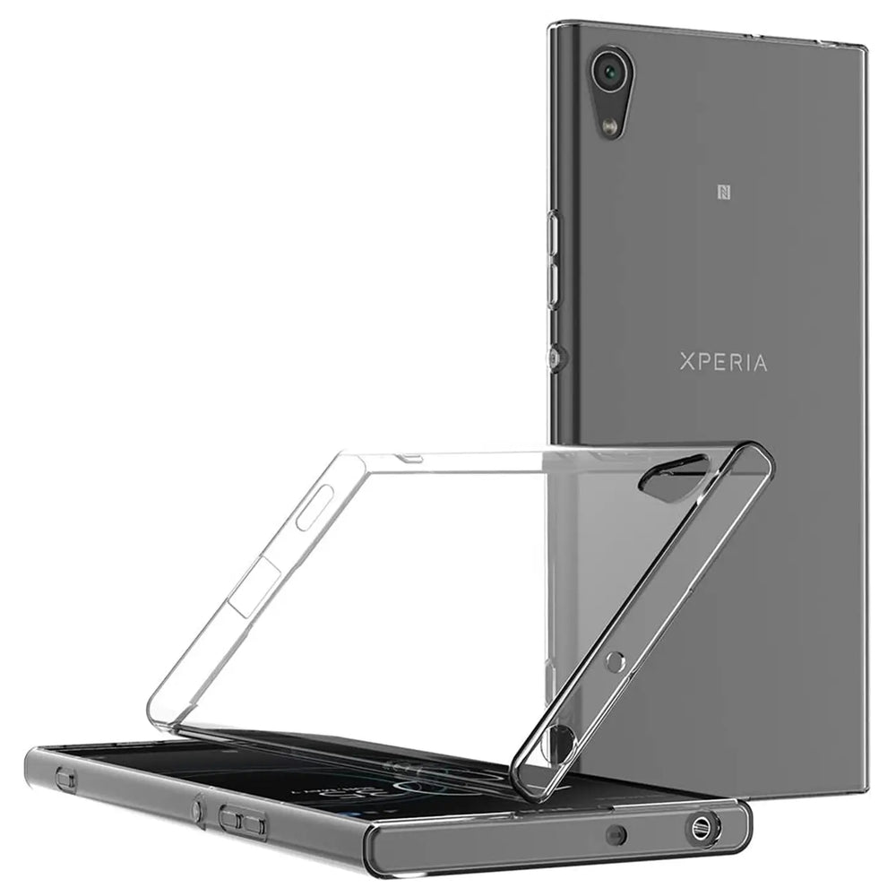 Sony Xperia XA1 Ultra mit transparentem Slim Case, Draufsicht und Seitenansicht.
