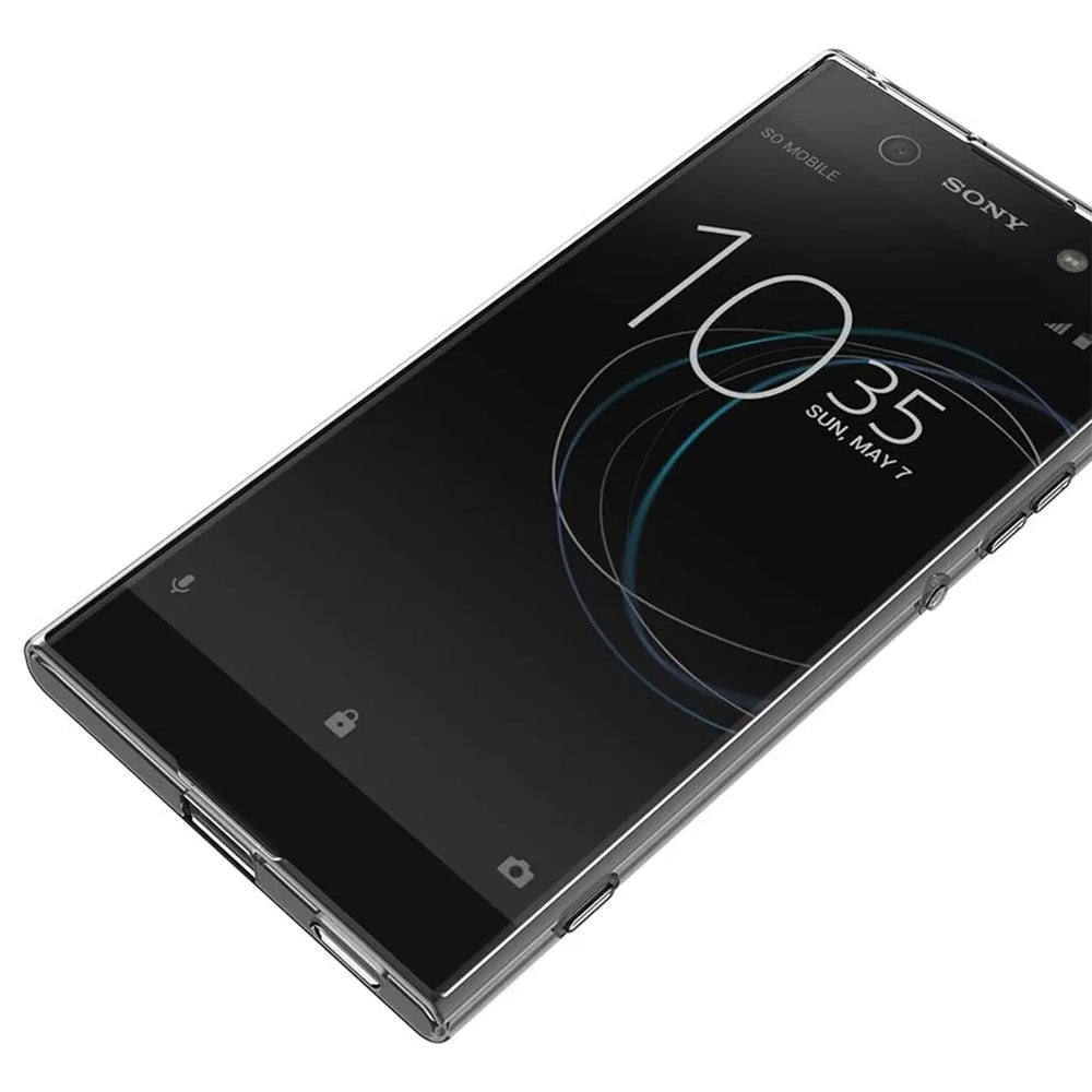 Sony Xperia XA1 Ultra in klarem Kunststoff-Case, von oben rechts betrachtet.