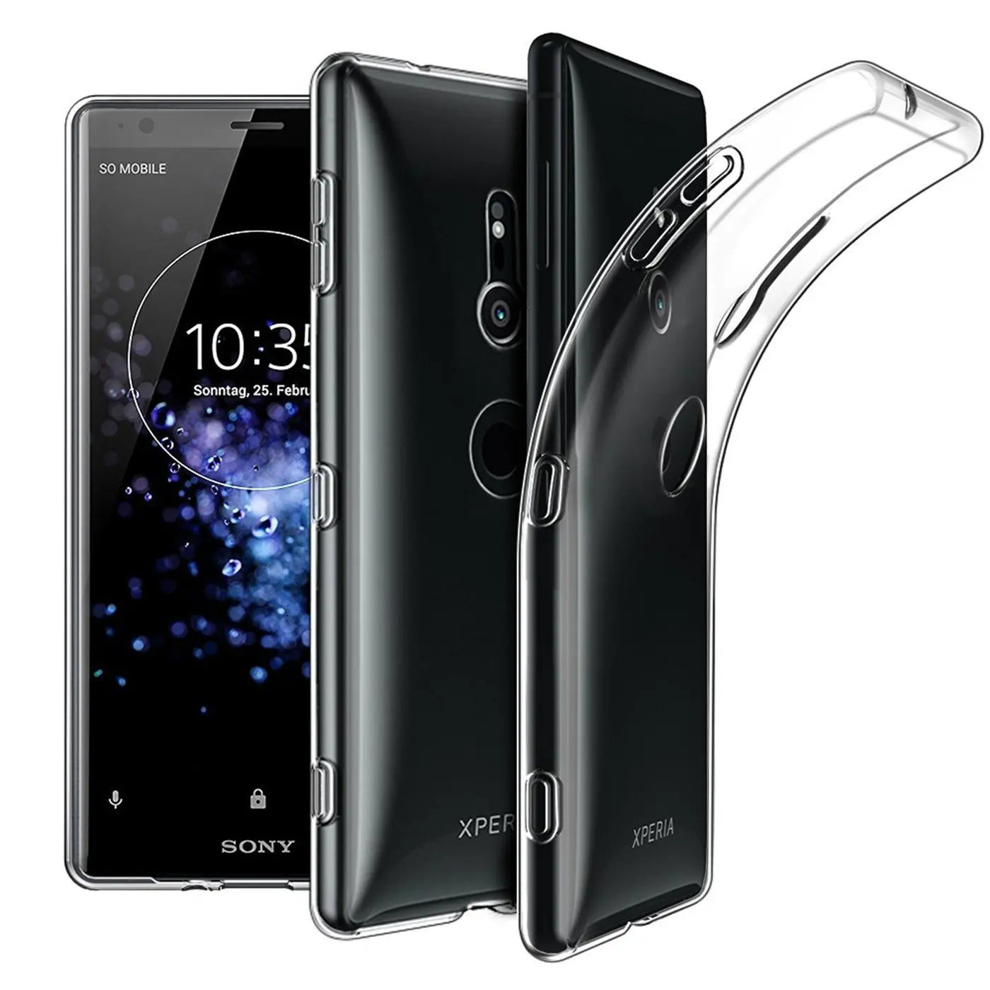 Sony Xperia XZ2 mit transparentem Silikon-Case, Vorder- und Rückansicht, Nahaufnahme.