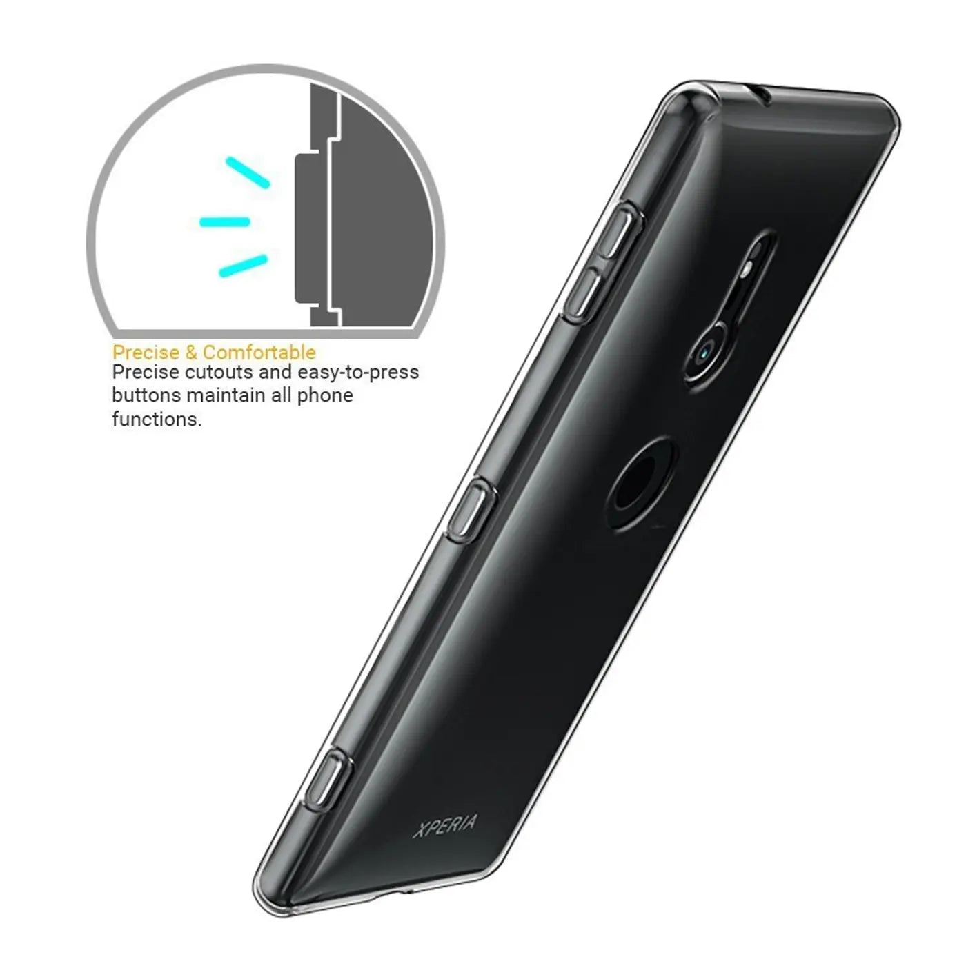 Sony Xperia XZ2 in klarem, transparentem Case, von schräg hinten fotografiert.