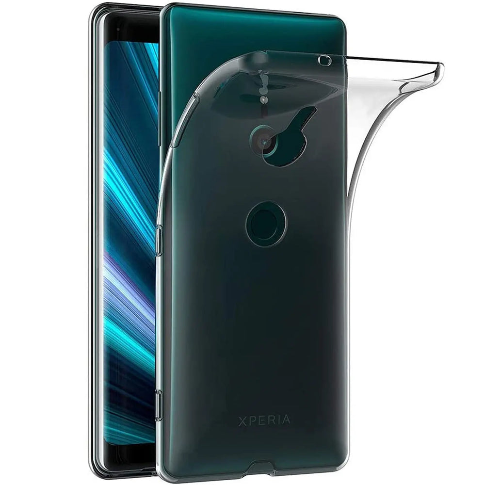 Sony Xperia XZ3 mit transparentem Silikon-Case, Seitenansicht.