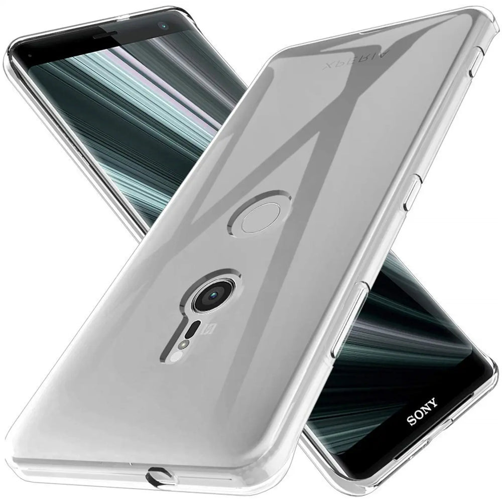 Klar, transparentes Handy-Case aus Kunststoff, schräg von oben, zeigt Sony Xperia XZ3.