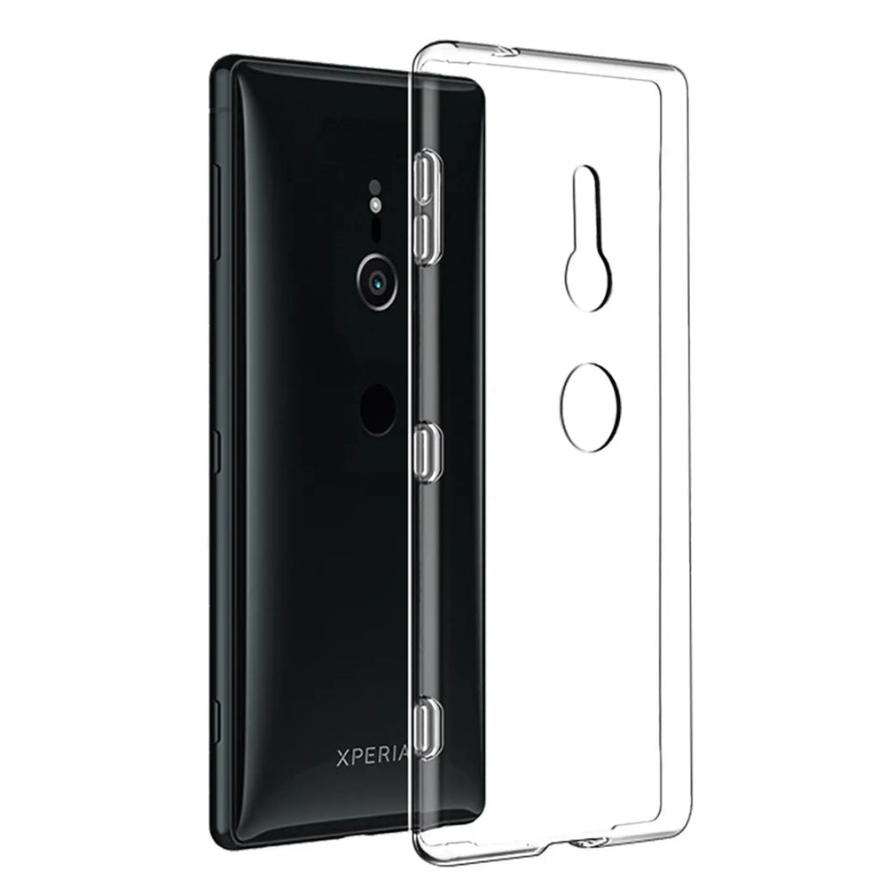 Klar, transparentes Silikon-Case neben schwarzem Sony Xperia XZ3, Rückansicht.