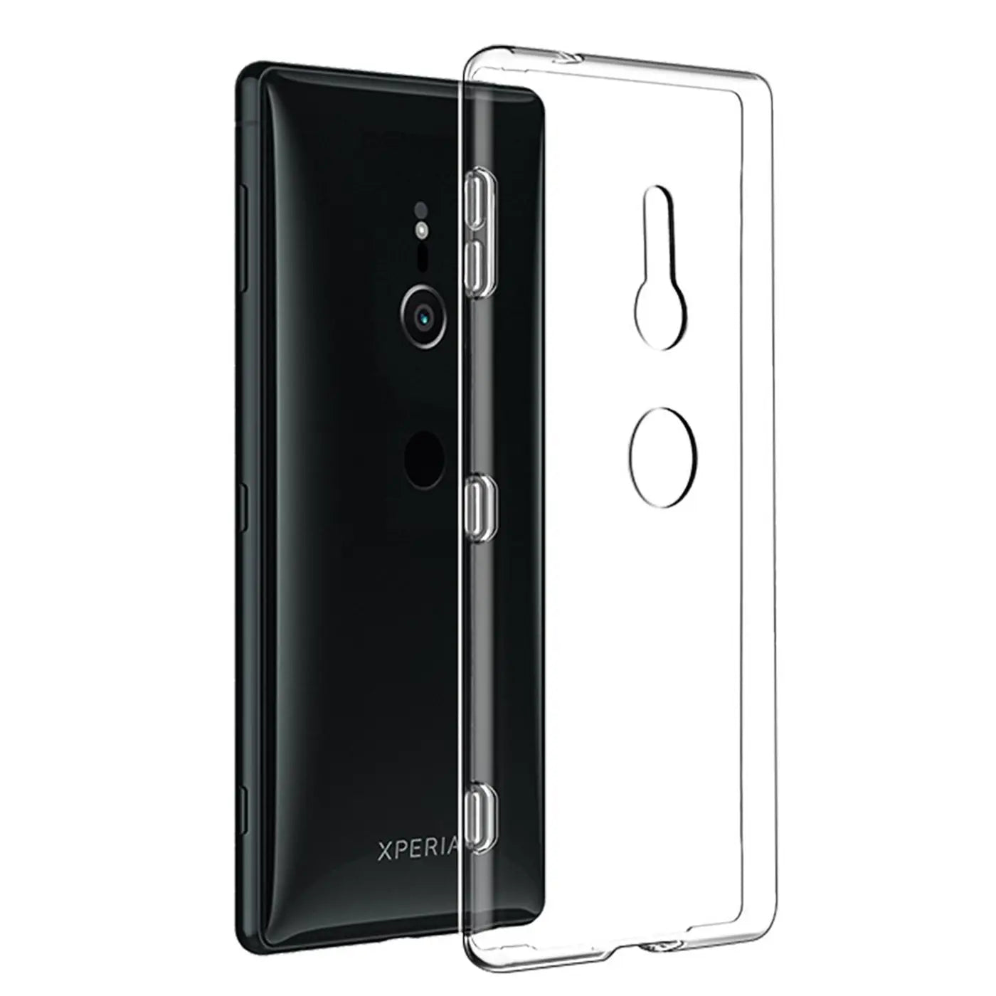 Klar, transparentes Silikon-Case neben schwarzem Sony Xperia XZ3, Rückansicht.