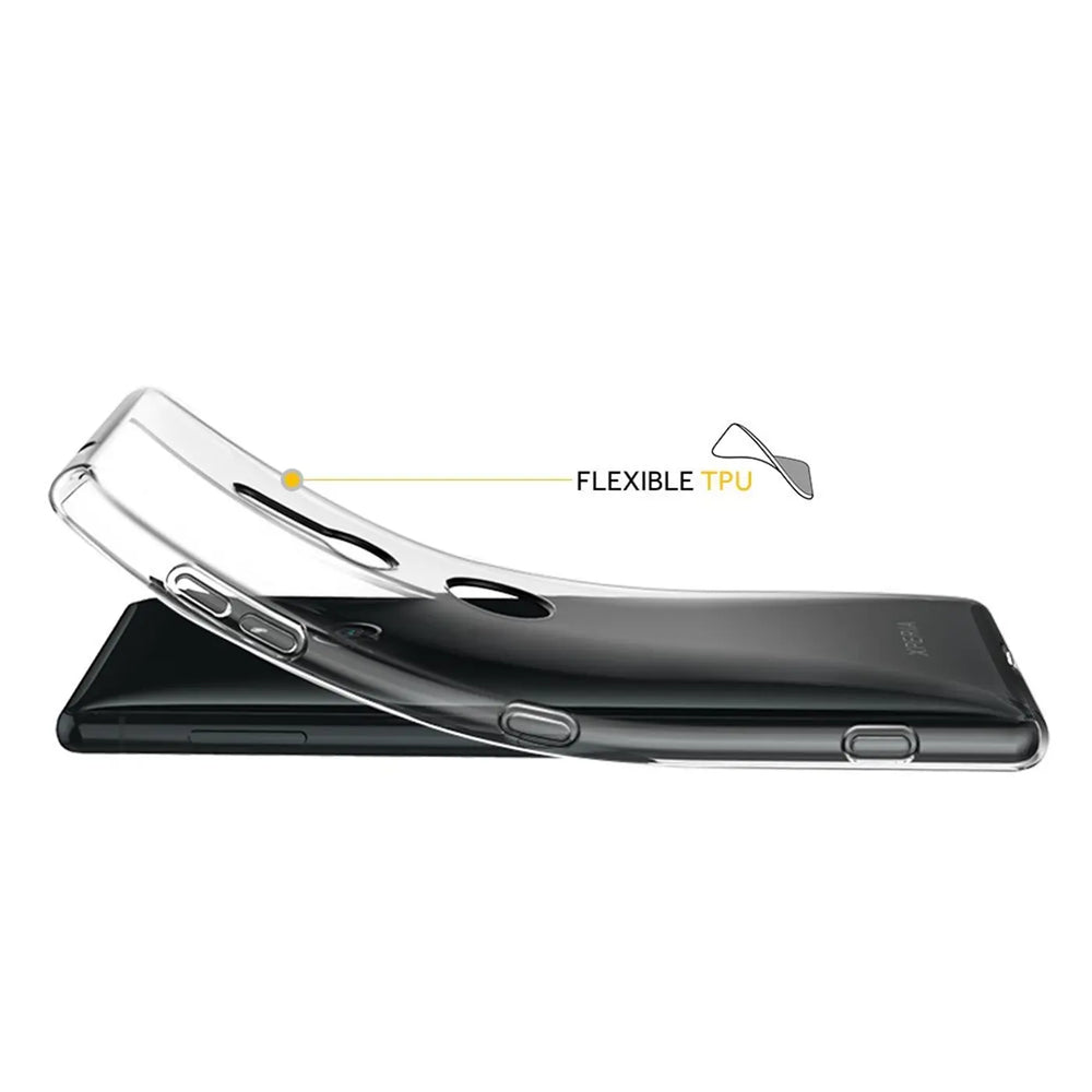 Klares, flexibles TPU-Case wird auf ein schwarzes Sony Xperia XZ3 gelegt. Seitenansicht.