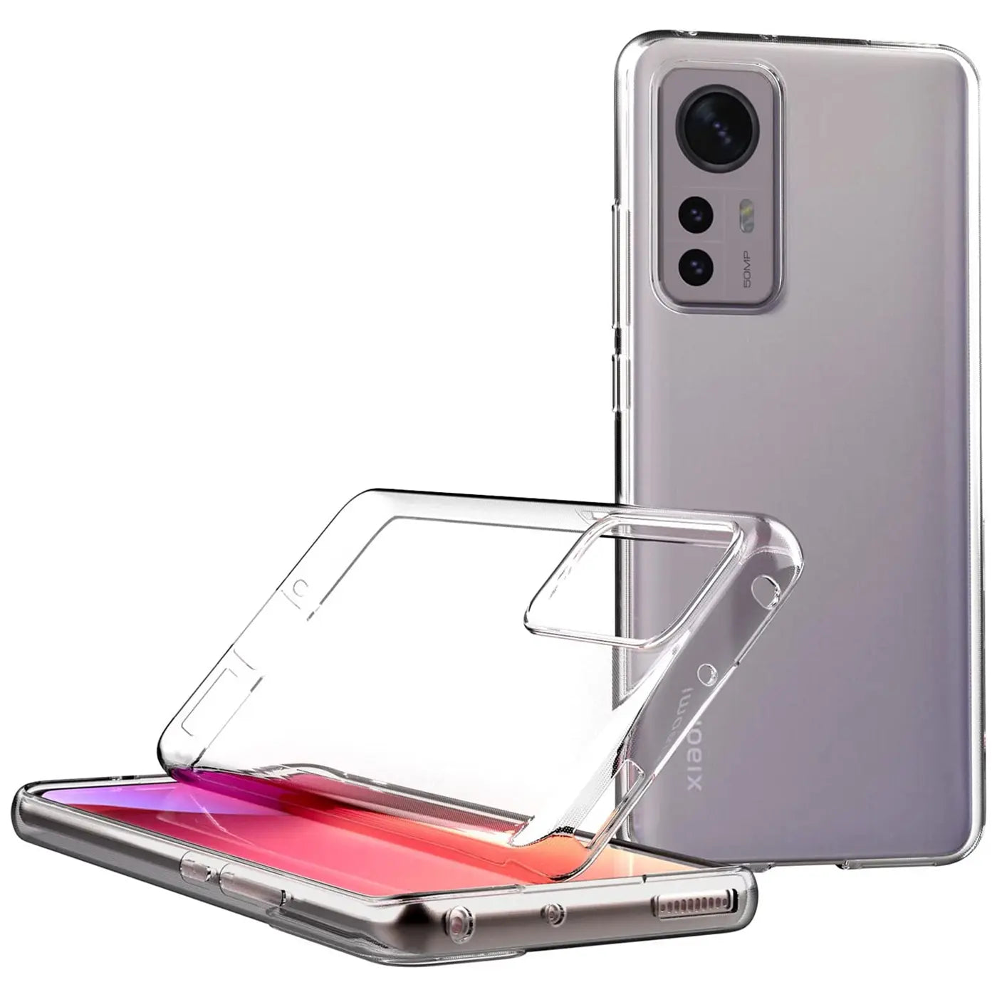 Klares Silikon-Case liegt auf Xiaomi 12 Pro. Von vorne.