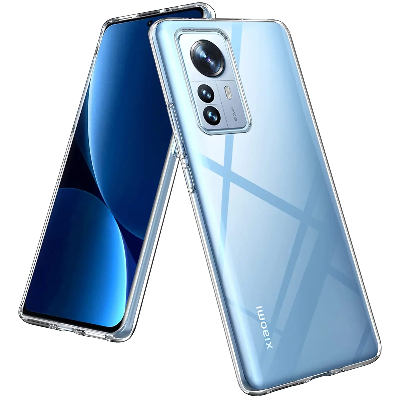 Zwei Xiaomi 12/12X Smartphones in transparenten Hüllen, von hinten und schräg fotografiert.