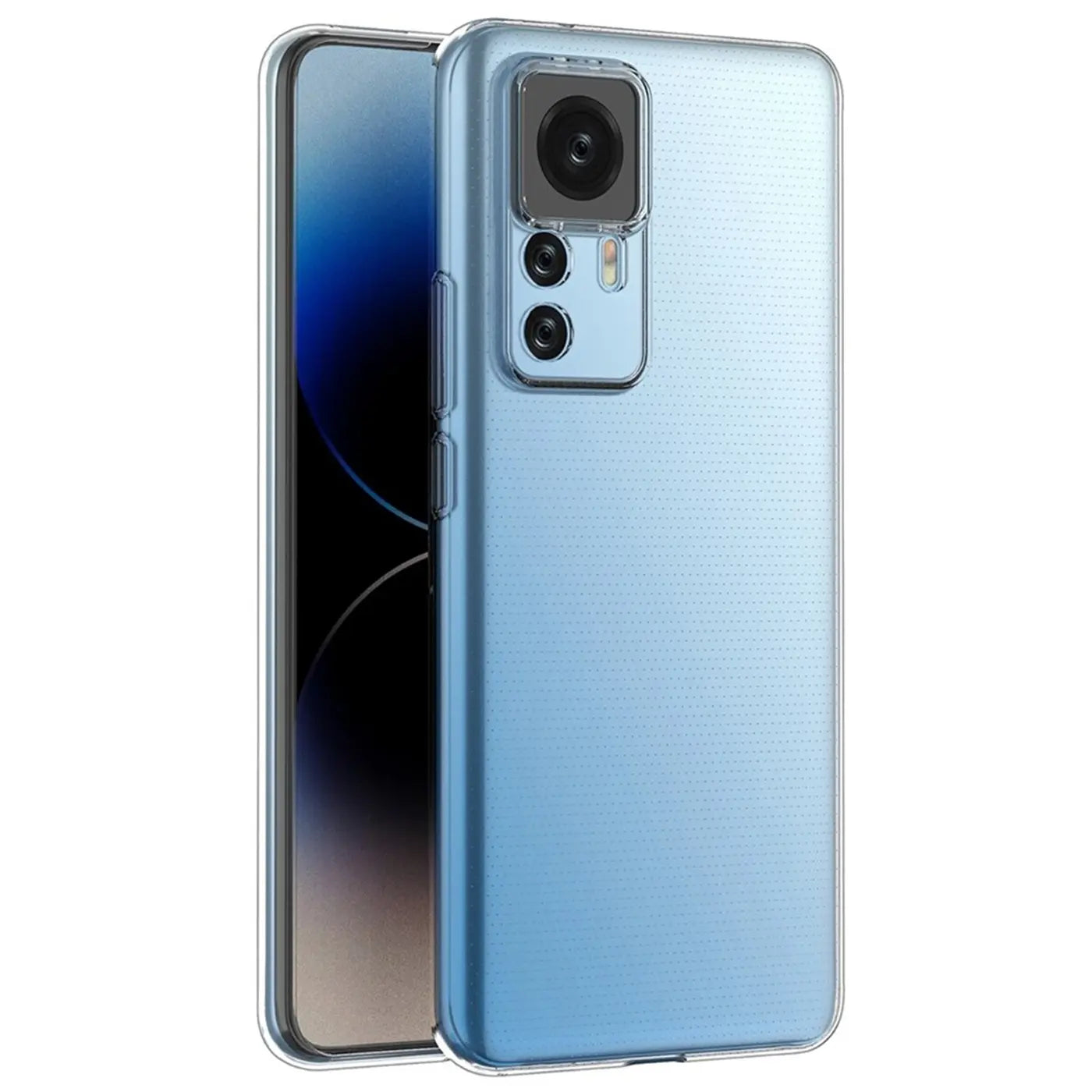 Klares, dünnes Handyhülle aus Kunststoff auf einem blauen Xiaomi 12T Pro, Rückansicht.