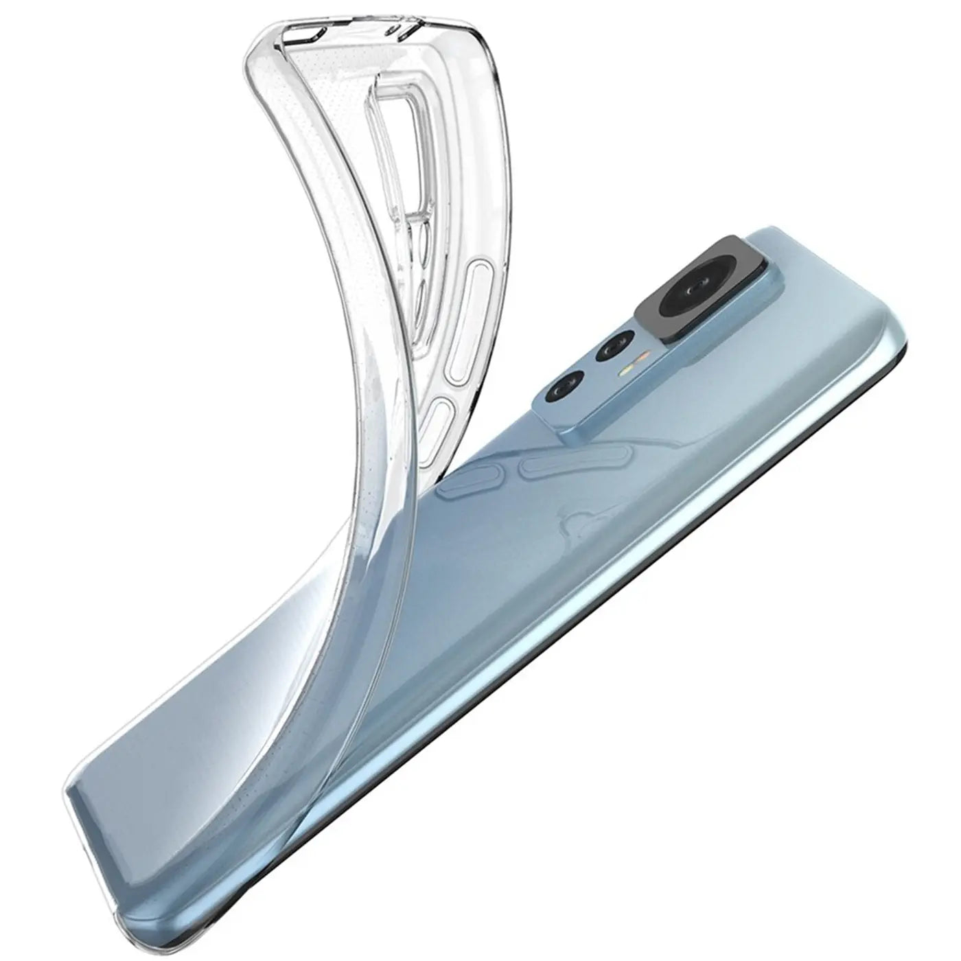 Klares Silikon-Case, das auf ein hellblaues Xiaomi 12T Pro gelegt wird, Draufsicht.