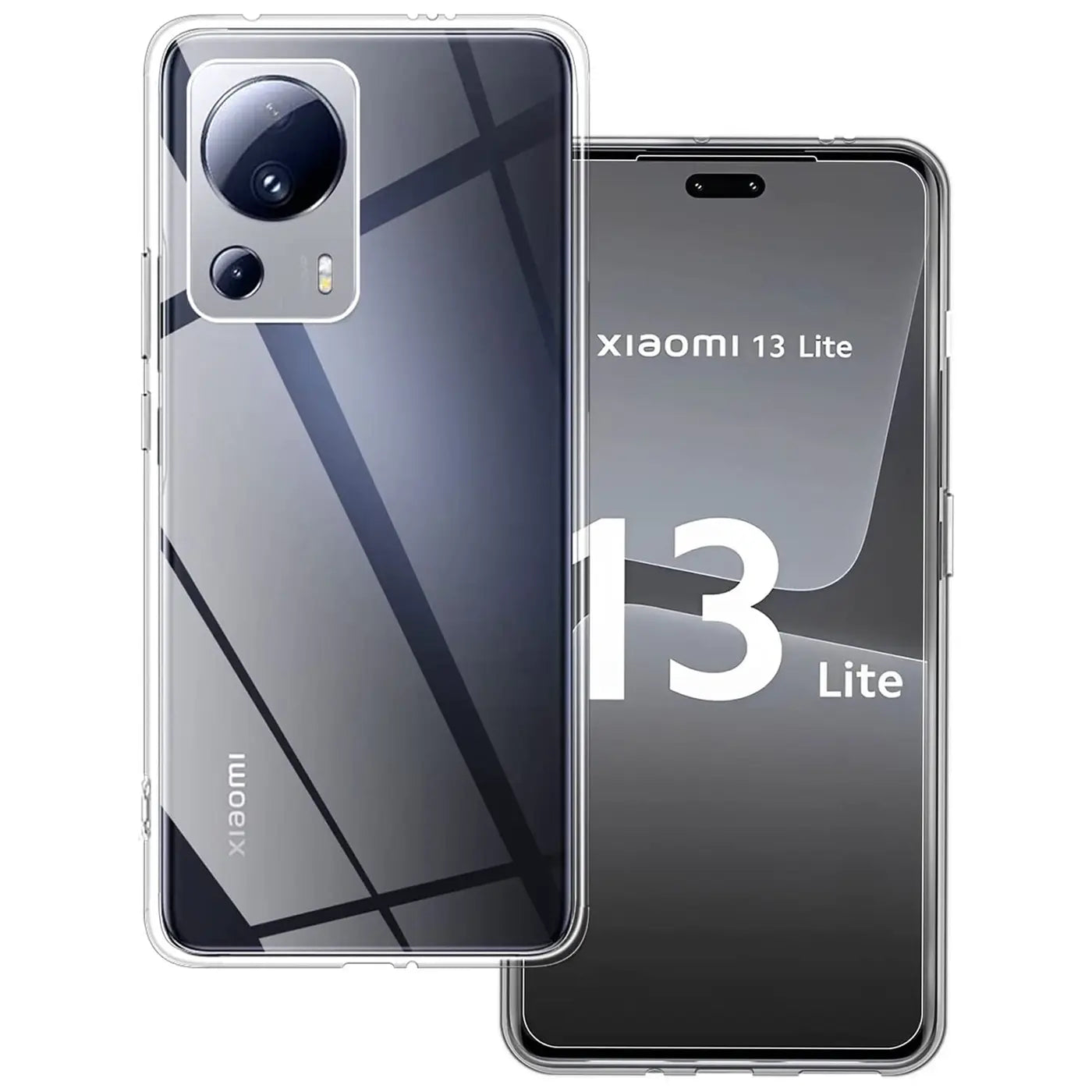 Klar, transparentes Handyhülle aus Kunststoff mit Xiaomi 13 Lite, Vorder- und Rückansicht.