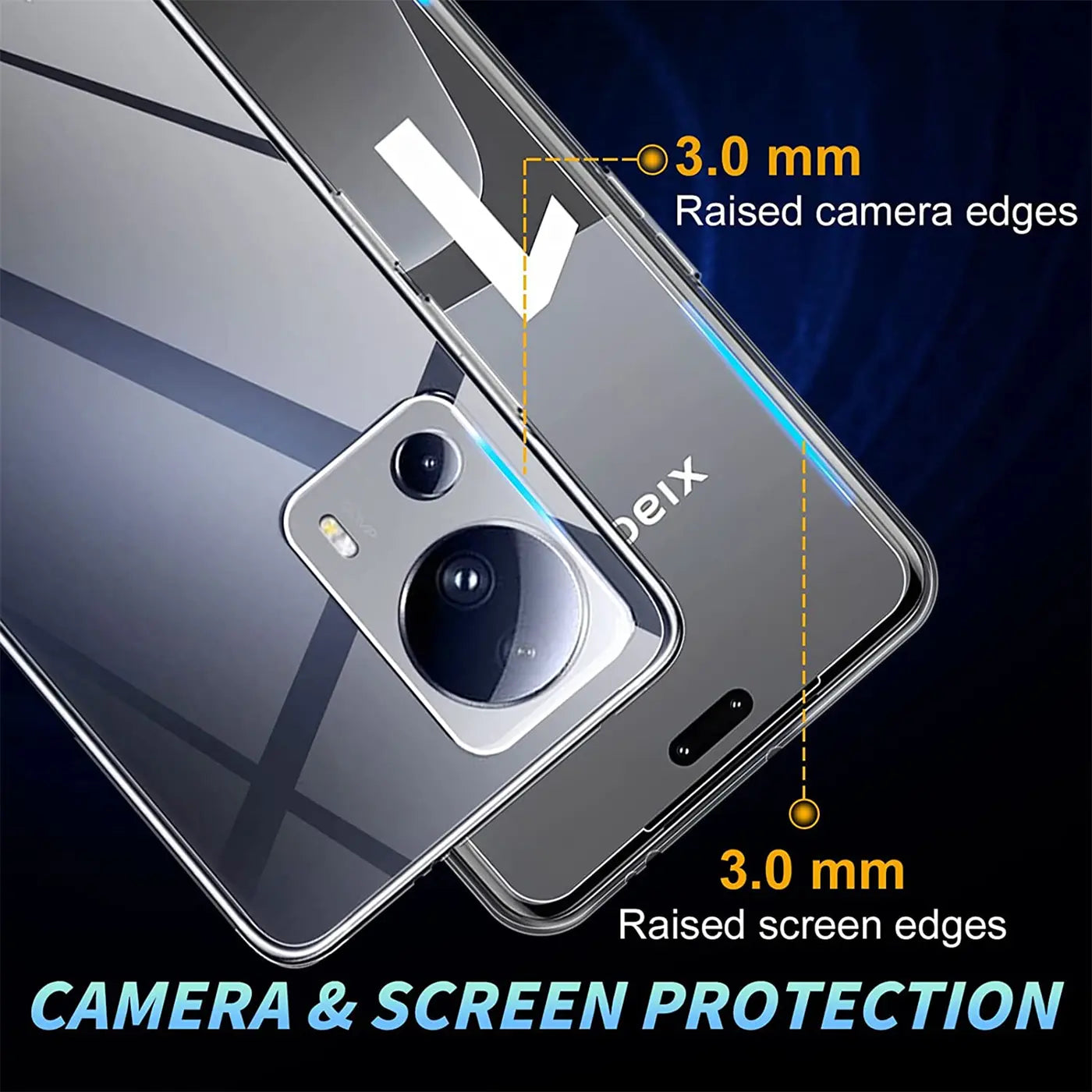 Klares, transparentes Handycase aus Kunststoff, das ein Xiaomi 13 Lite zeigt, Nahaufnahme von hinten.