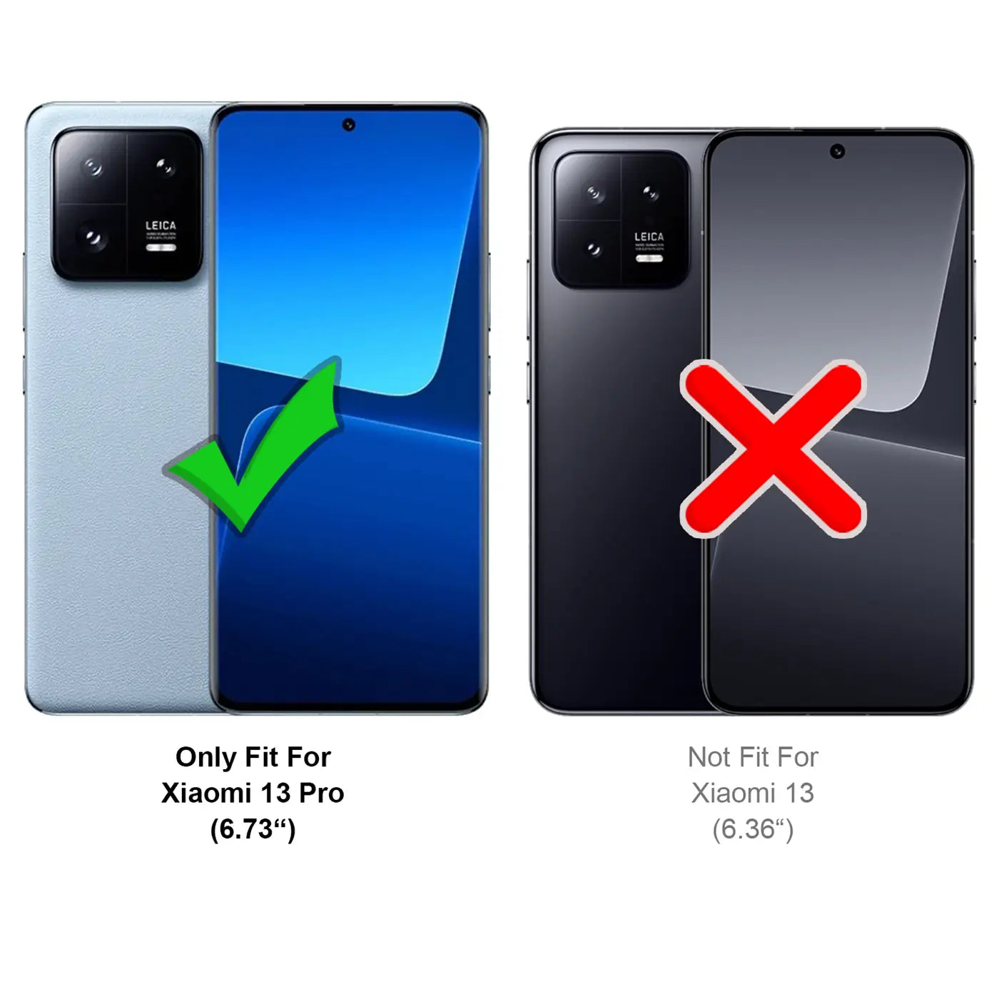 Zwei Xiaomi 13 Pro Handys, eines hellblau, eines schwarz, mit grüner Haken- und roter Kreuz-Grafik.