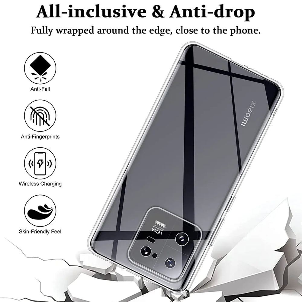 Klar, transparentes Handyhülle aus Kunststoff, von oben schräg, zeigt Xiaomi 13 Pro.