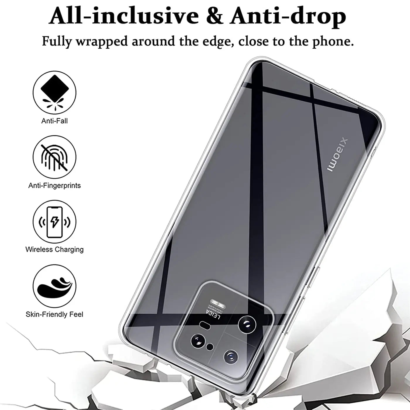 Klar, transparentes Handyhülle aus Kunststoff, von oben schräg, zeigt Xiaomi 13 Pro.
