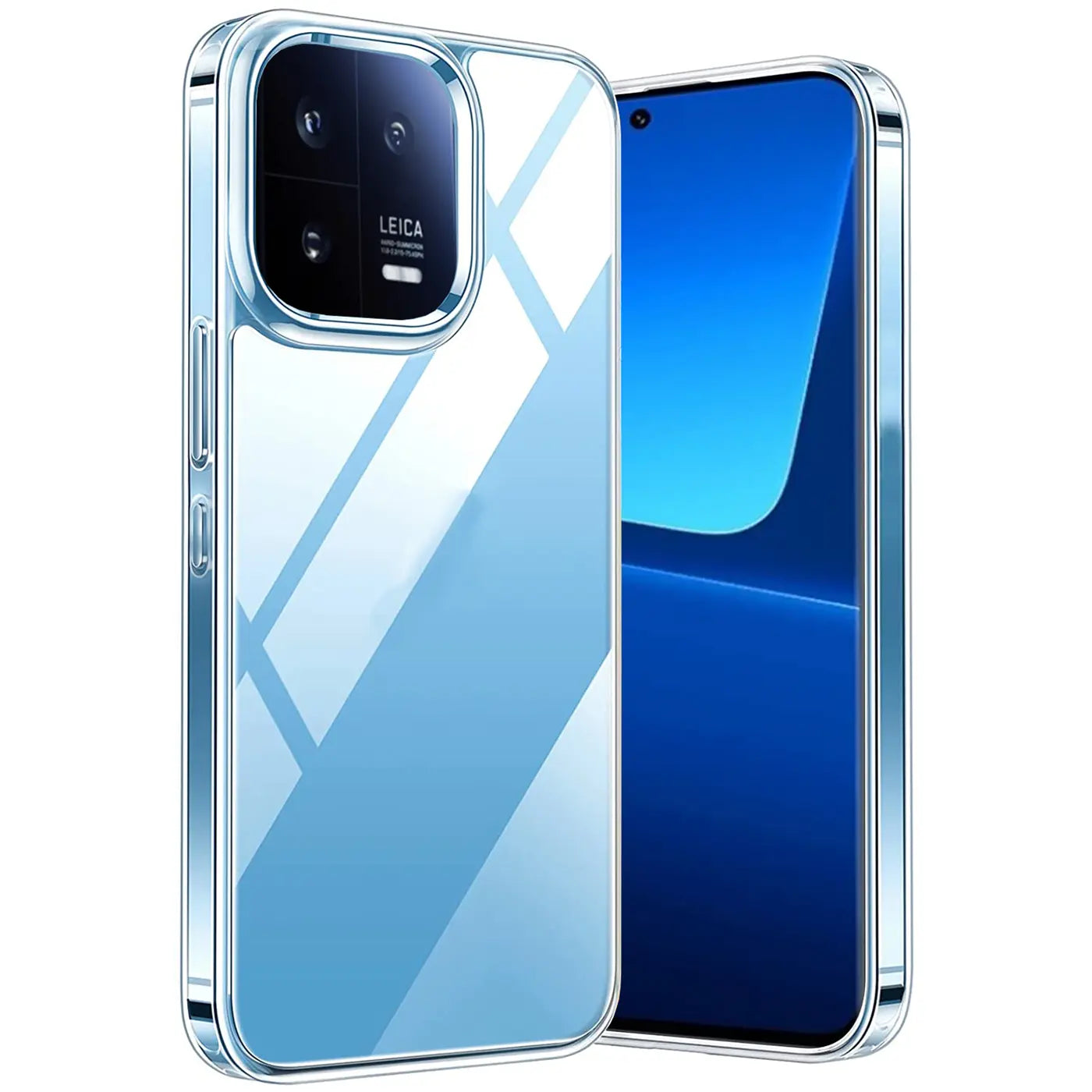 Klar, durchsichtiges Handycase aus Kunststoff, seitliche Ansicht, mit Xiaomi 13.