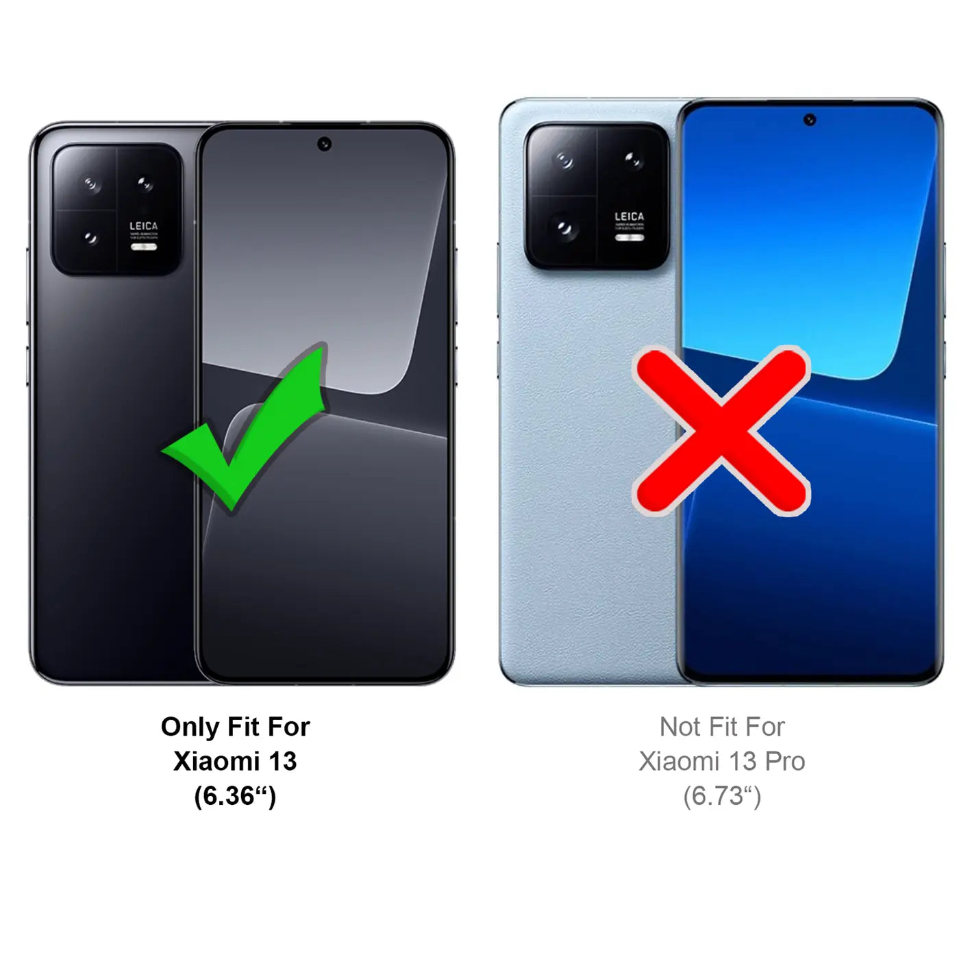 Zwei Smartphones, links ein schwarzes Xiaomi 13 mit grüner Häkchen-Grafik, rechts ein hellblaues Xiaomi 13 Pro mit rotem.