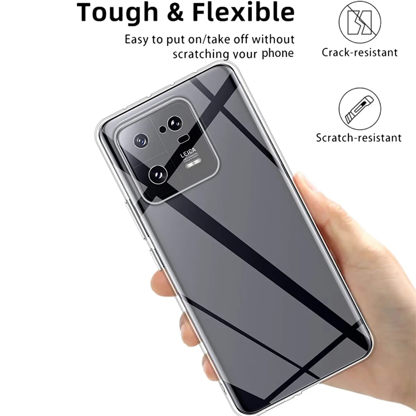 Klar, transparentes Handy-Case aus Kunststoff, von hinten, zeigt Xiaomi 13.