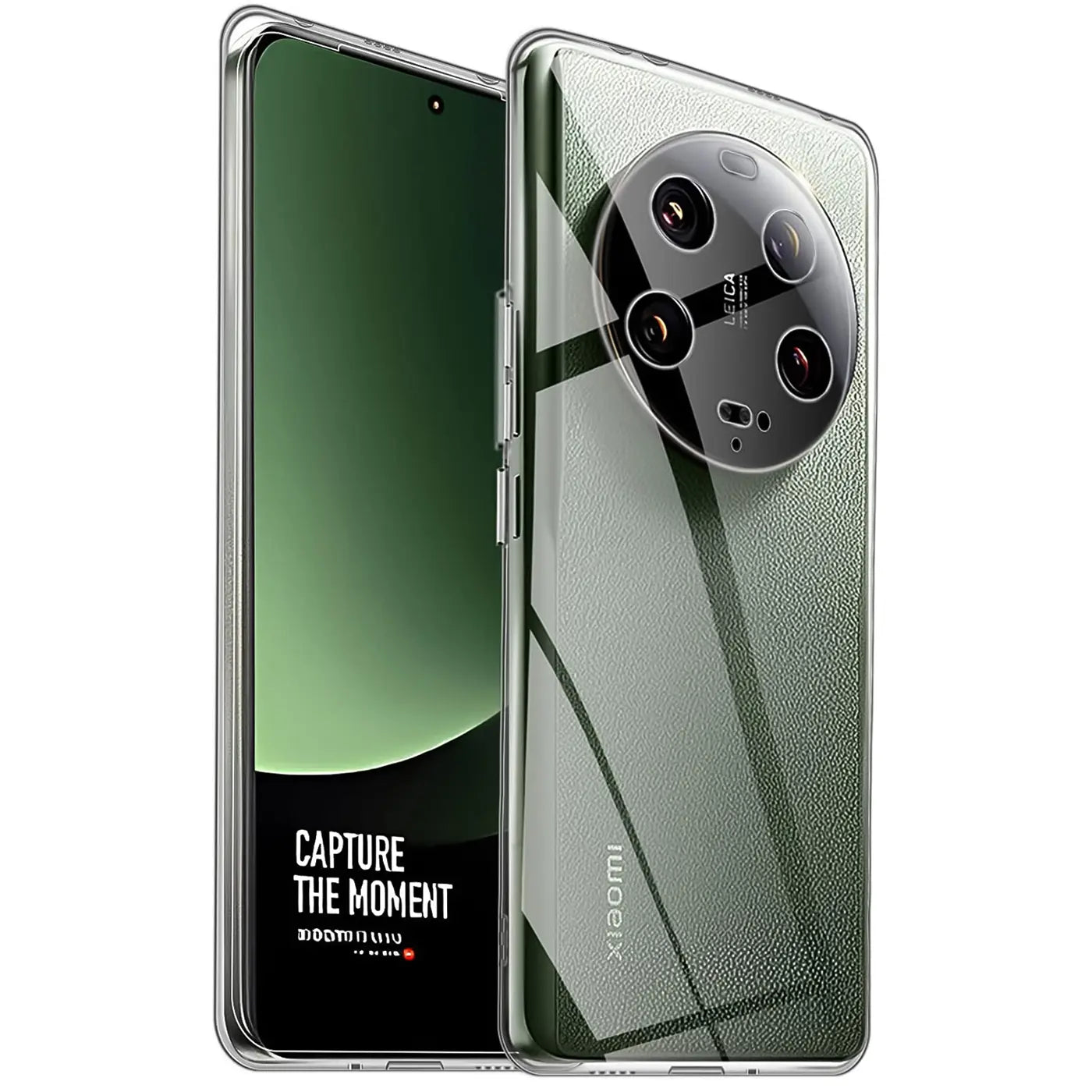 Transparentes Case aus Kunststoff, zeigt Rückseite und Vorderseite eines Xiaomi 13 Ultra.