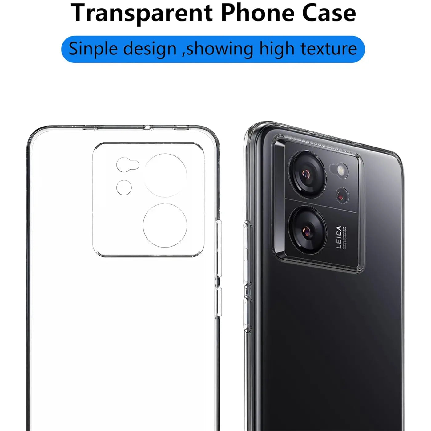 Durchsichtige Handyhülle aus Kunststoff, zeigt Xiaomi 13T/Pro von hinten, von vorne.