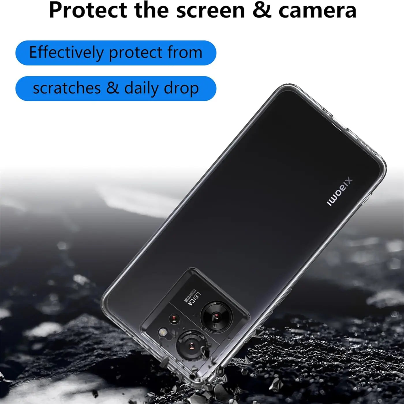 Klares Handyhülle aus Kunststoff, von oben schräg auf ein Xiaomi 13T Pro gelegt.