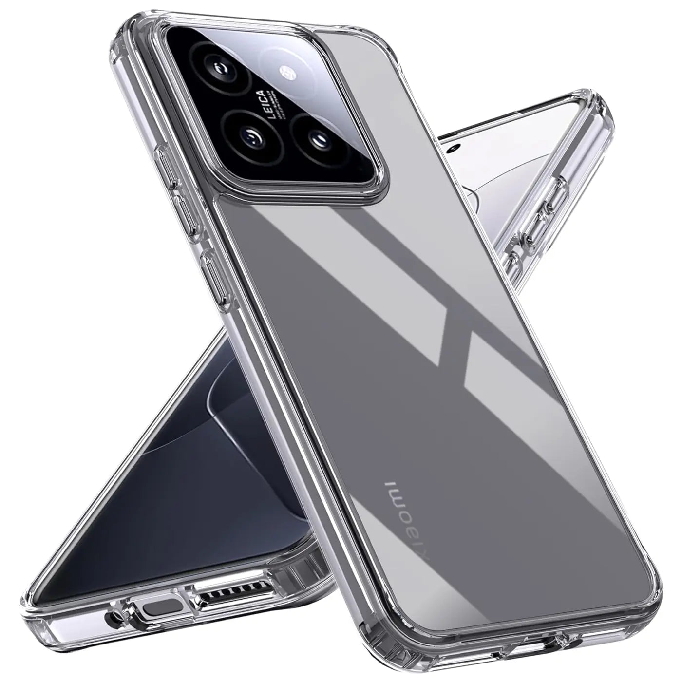 Transparente Hülle aus Kunststoff, schräg von oben, zeigt Xiaomi 14 Pro mit Kamera.