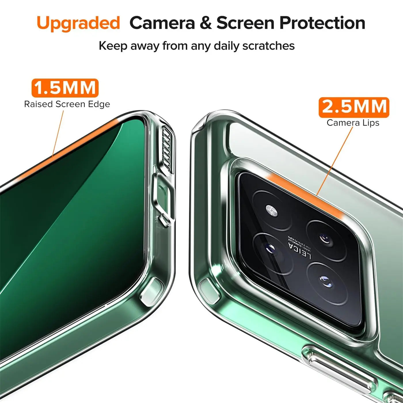 Transparente Hülle aus Kunststoff, Nahaufnahme von Xiaomi 14 Pro mit erhöhten Kanten.