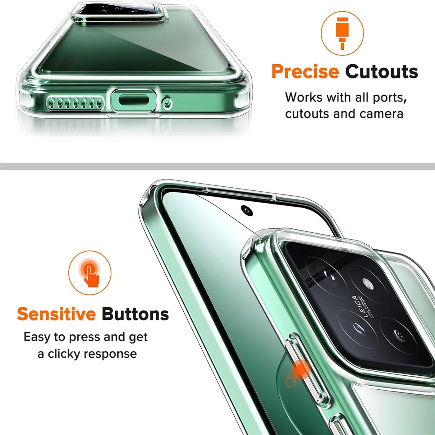Transparente Hülle aus Kunststoff, von oben und schräg gezeigt, auf einem grünen Xiaomi 14 Pro.