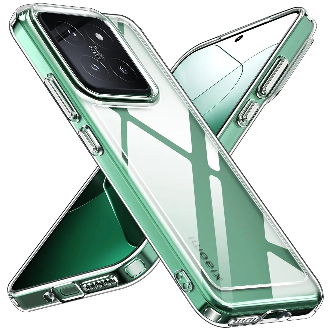 Transparente Hülle mit grünen Rändern, aus Kunststoff, zeigt Xiaomi 14 Rückseite.