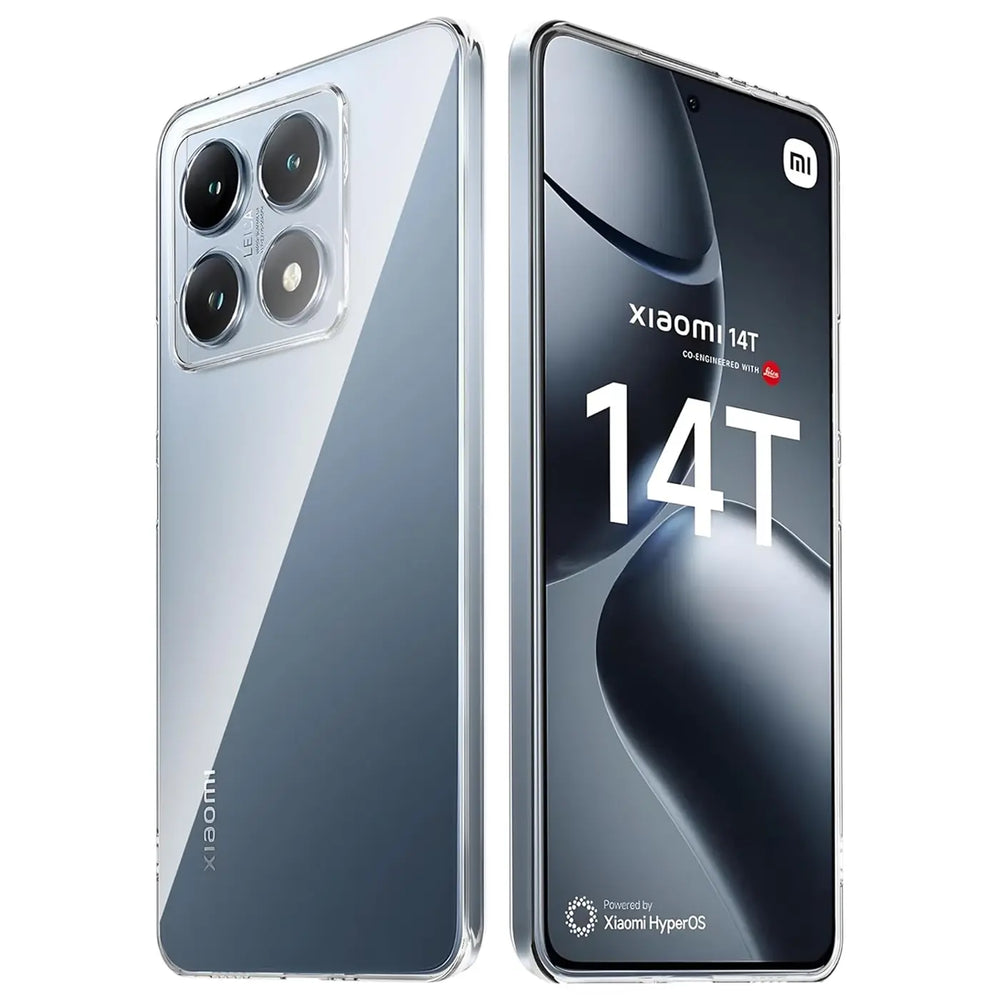 Zwei Xiaomi 14T Pro in klarem, dünnem Silikon-Case, von vorne und hinten gezeigt.