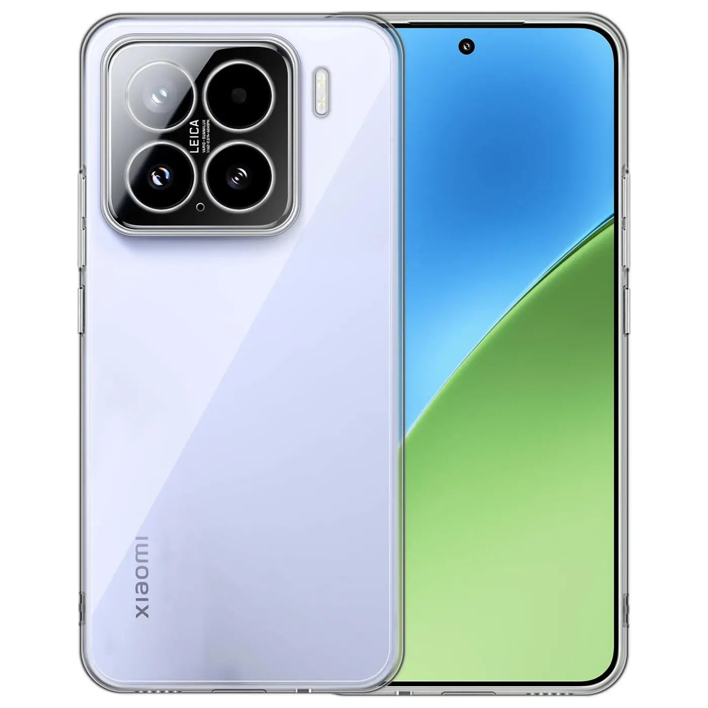 Klares, dünnes Handy-Case aus Kunststoff, Vorder- und Rückansicht, zeigt Xiaomi 15.