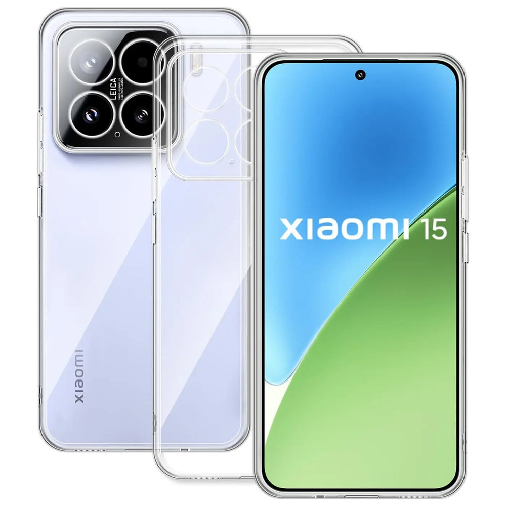 Klar, transparentes Handyhülle aus Silikon, zeigt Xiaomi 15 von vorne und hinten.