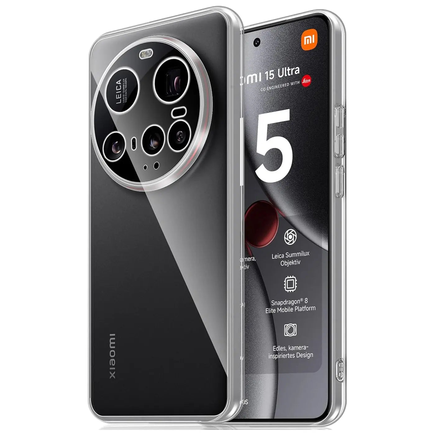 Klares Handyhülle aus Kunststoff, zeigt Rückseite und Vorderseite eines Xiaomi 15 Ultra.