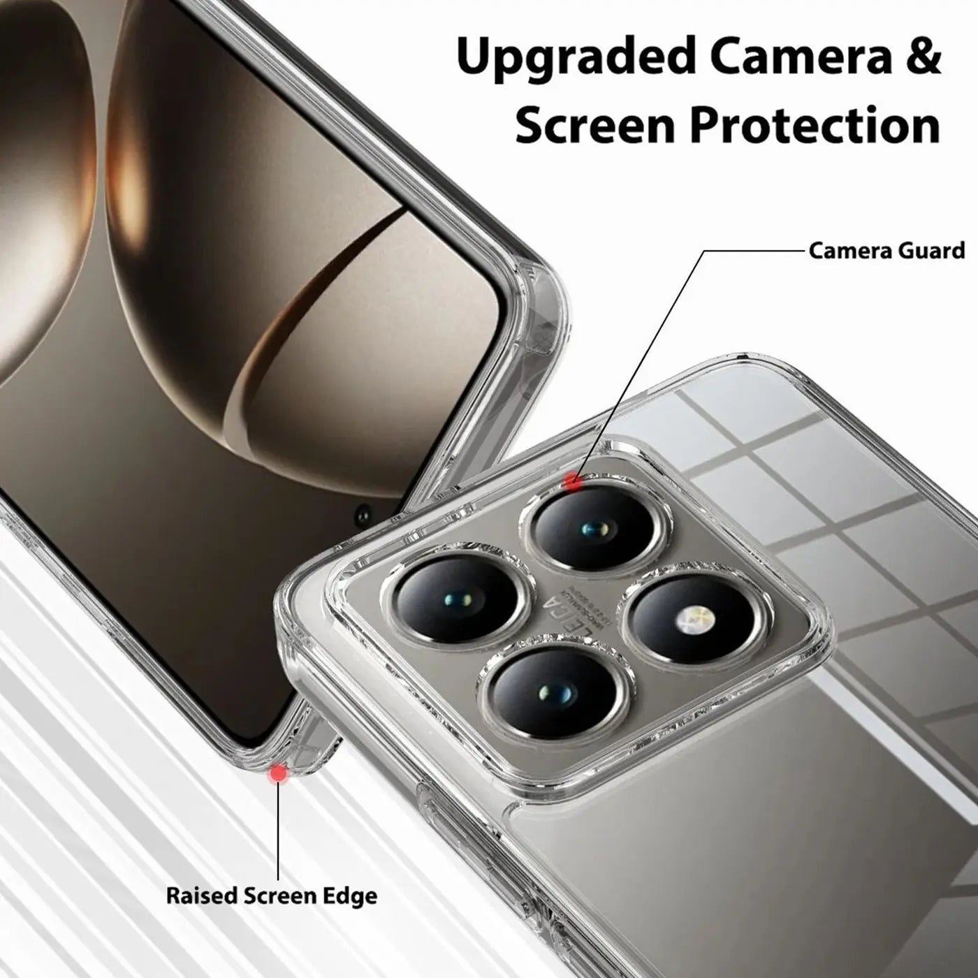 Klares Schutzcase aus Kunststoff für ein Smartphone mit vier Kameras, Nahaufnahme von hinten.