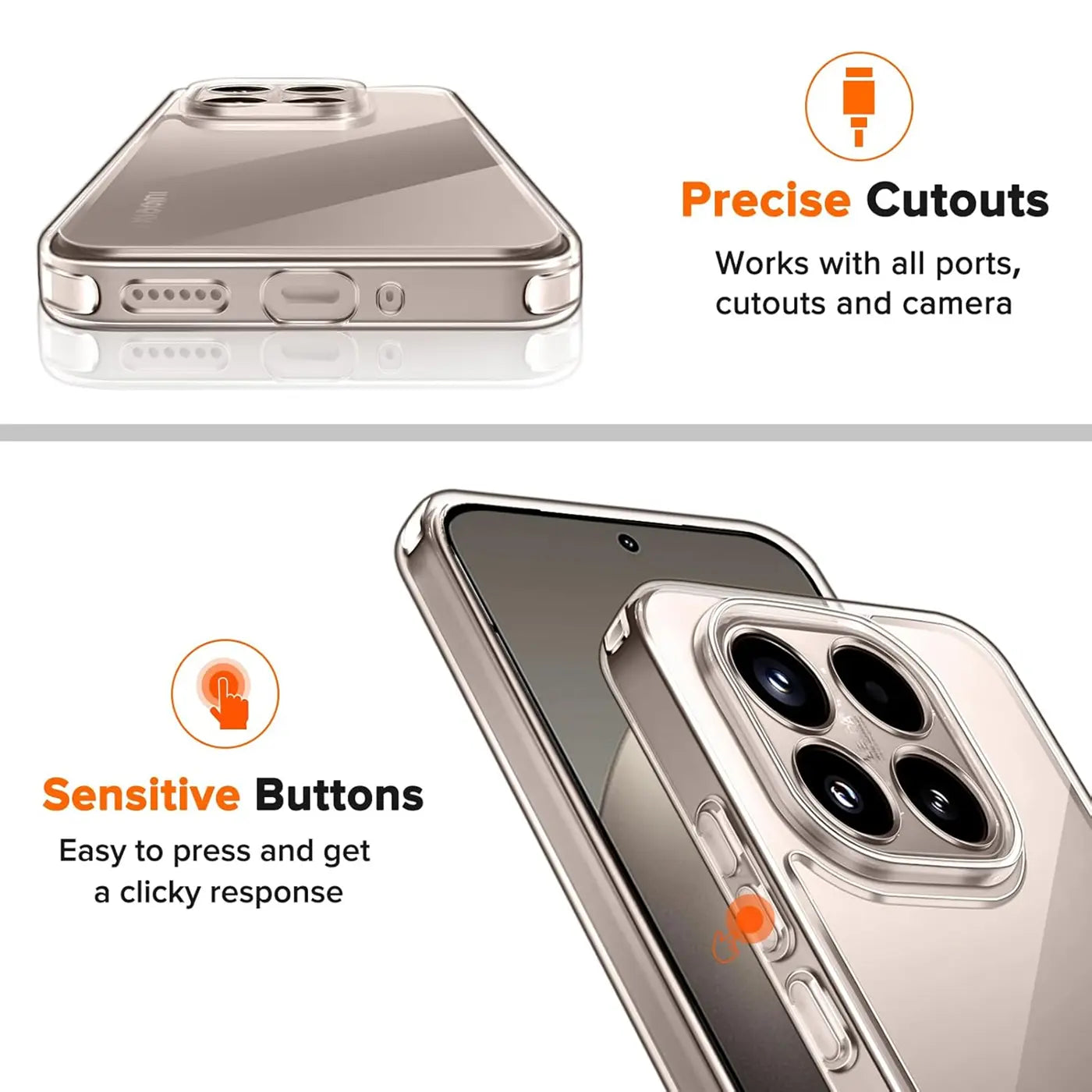 Klar, transparentes Handyhülle aus Kunststoff, von unten und Seite gezeigt, mit Xiaomi 15T.