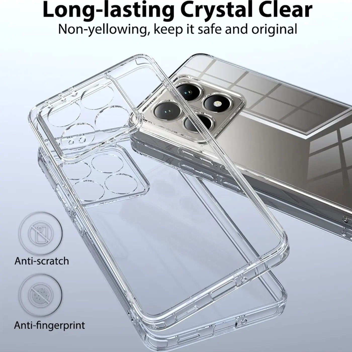 Klar, transparente Handyhülle aus Kunststoff, von vorne/oben, zeigt Xiaomi 15T.
