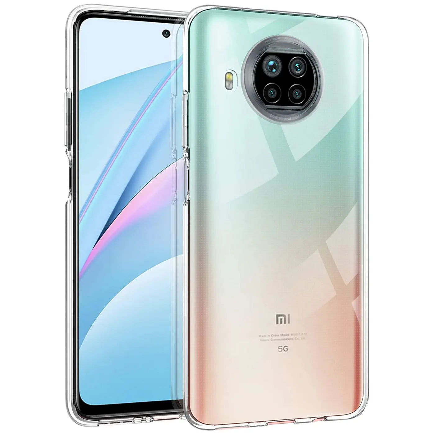 Klares, transparentes Silikoncase um ein Xiaomi Mi 10T Lite, von vorne und hinten gezeigt.