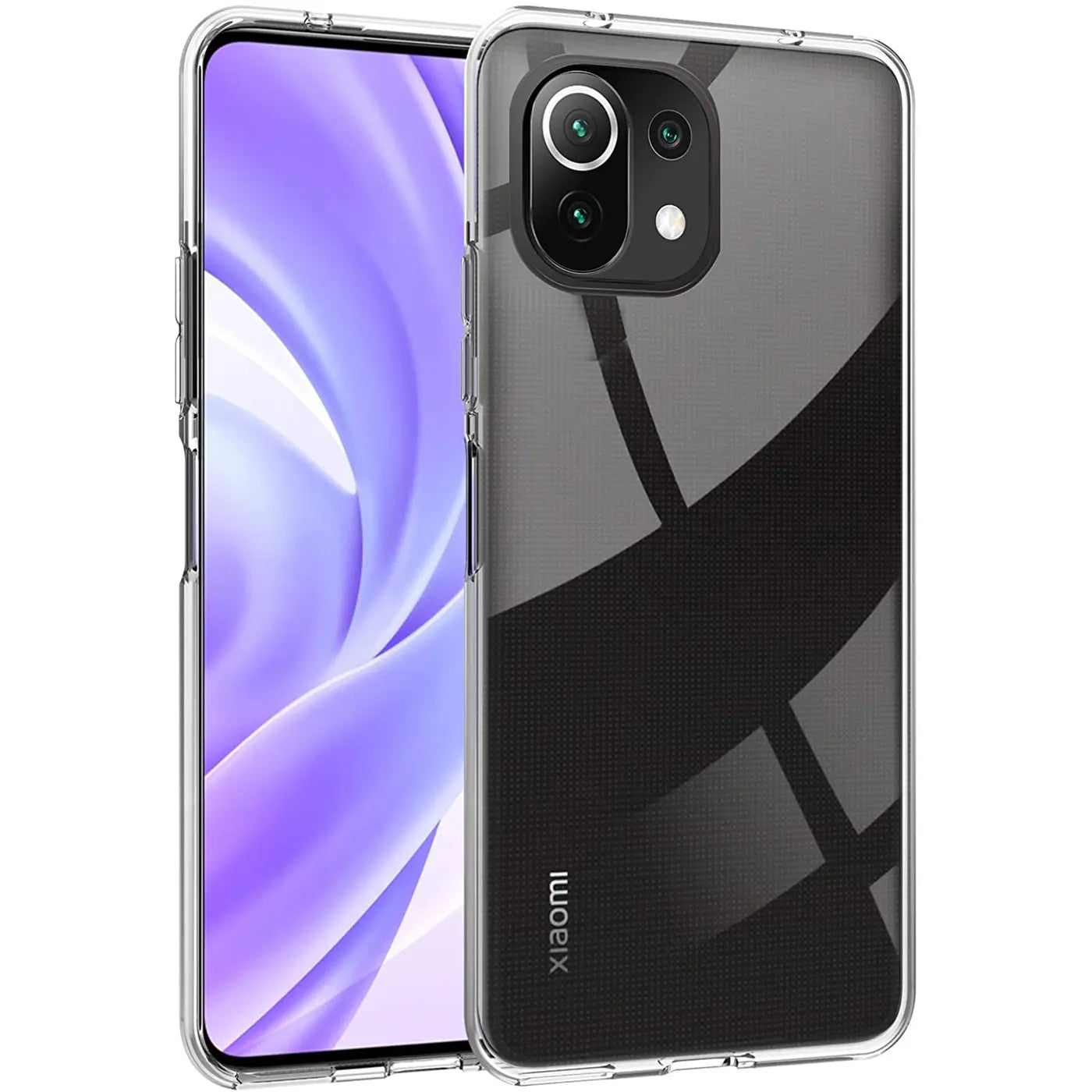 Klares TPU-Case auf Xiaomi Mi 11 Lite, von vorne links, Nahaufnahme.
